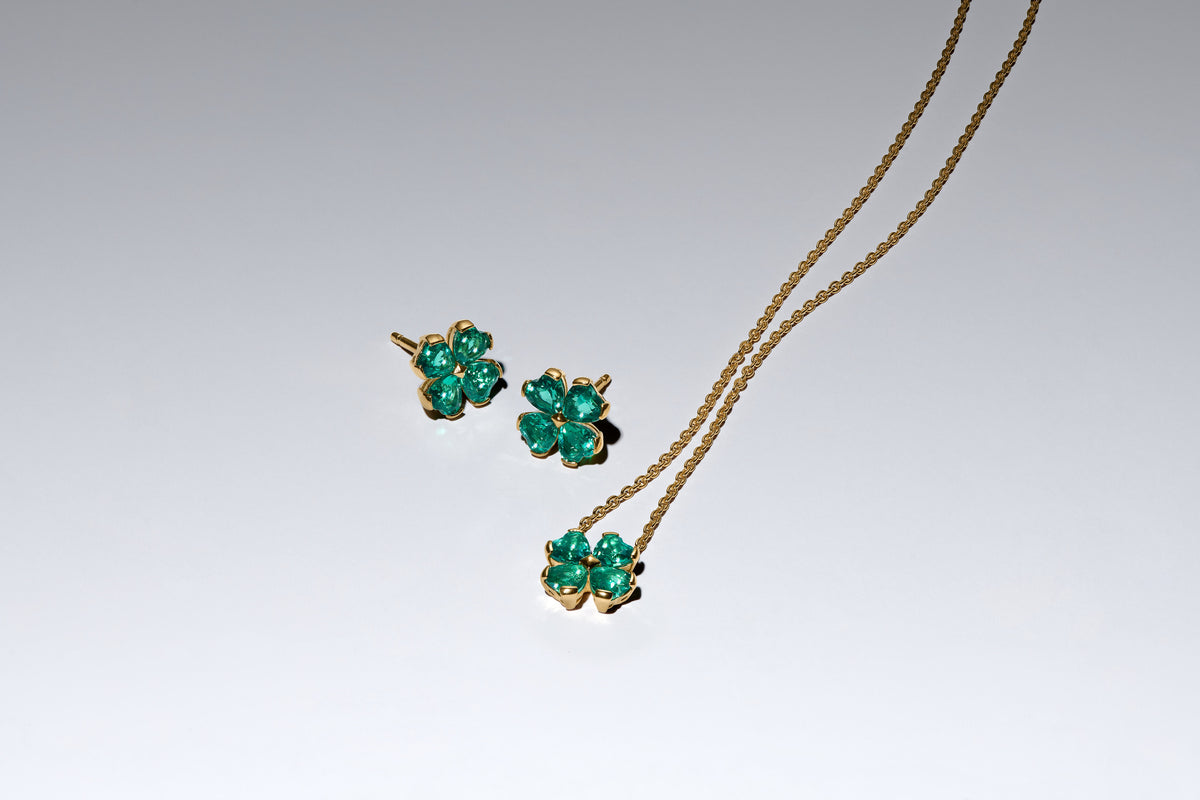 Clover 14K Gold-Plated Stud Earrings With Royal Green Crystal