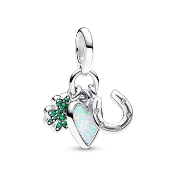 Clover, Heart And Horseshoe Sterling Silver Dangle With Clear Cubic Zirconia, Royal Green Crystal And White Lab-Created Opal