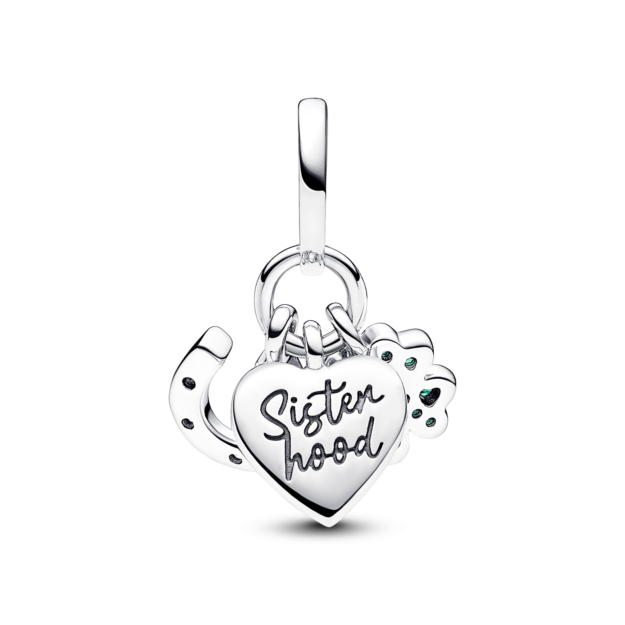 Clover, Heart And Horseshoe Sterling Silver Dangle With Clear Cubic Zirconia, Royal Green Crystal And White Lab-Created Opal