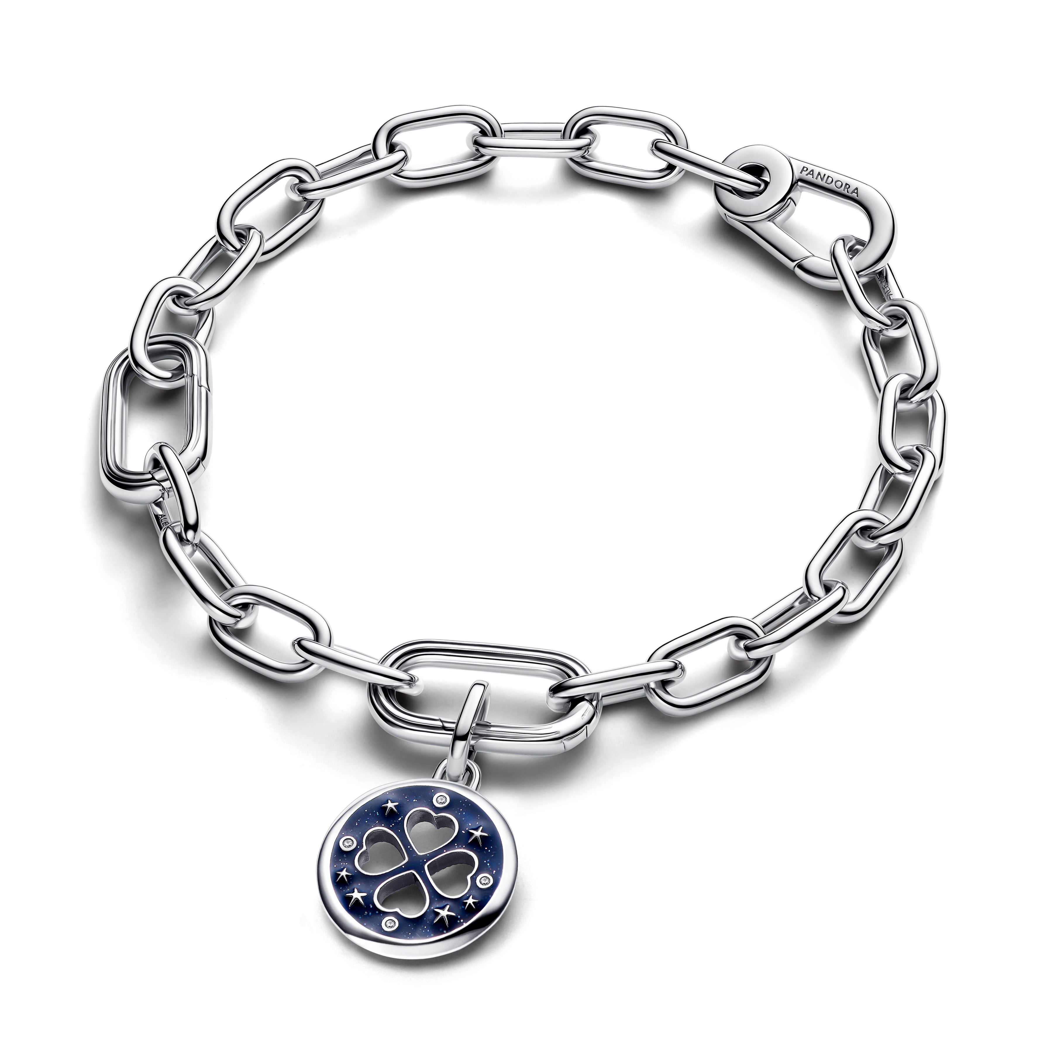 Clover Sterling Silver Medallion With Clear Cubic Zirconia And Glittery Blue Enamel