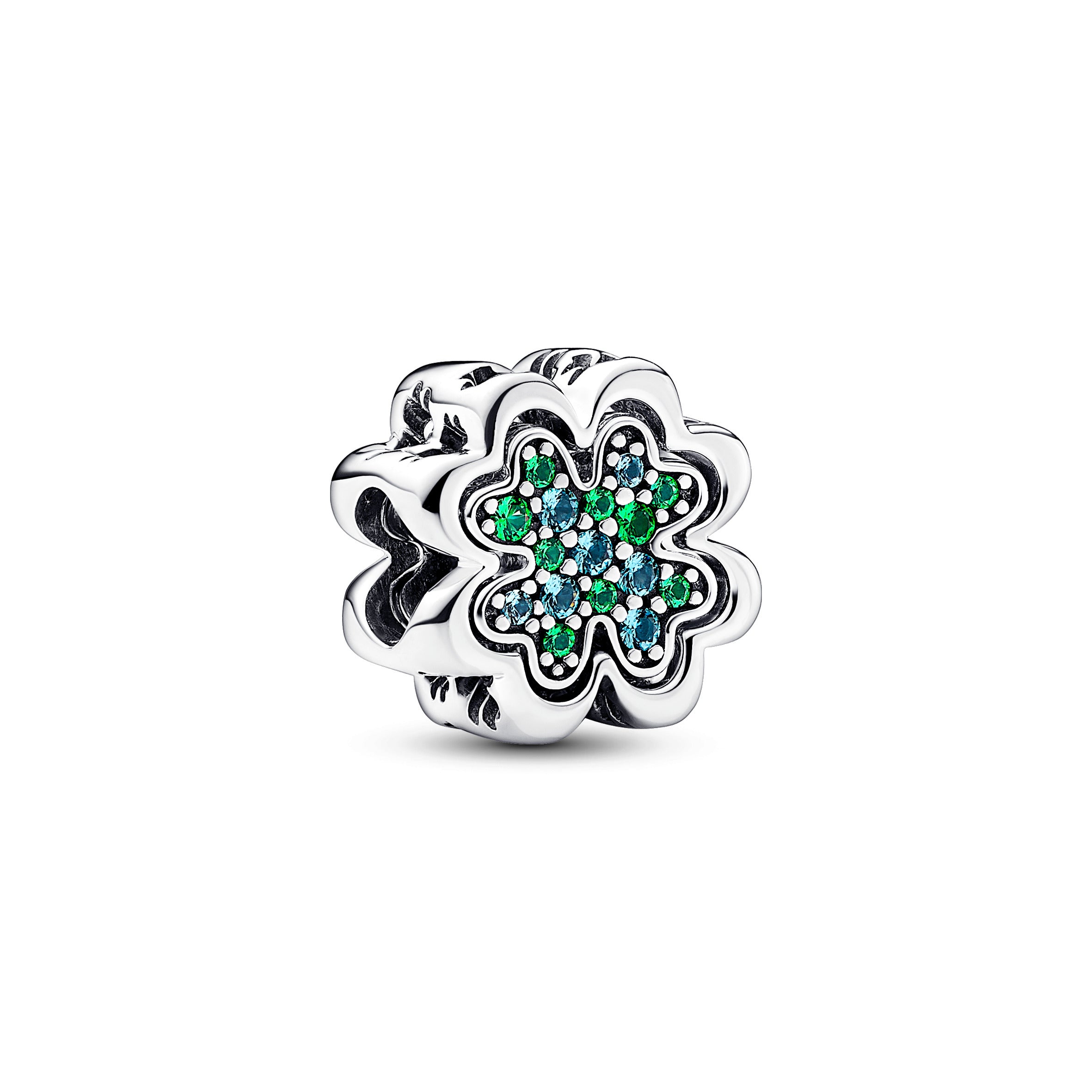 Clover Sterling Silver Splittable Charm With Icy Green And Royal Green Crystal
