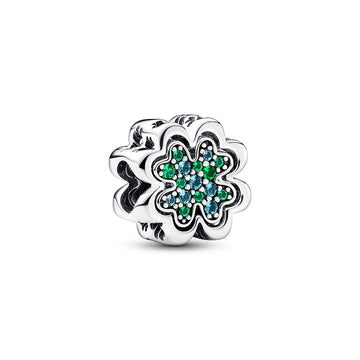 Clover Sterling Silver Splittable Charm With Icy Green And Royal Green Crystal