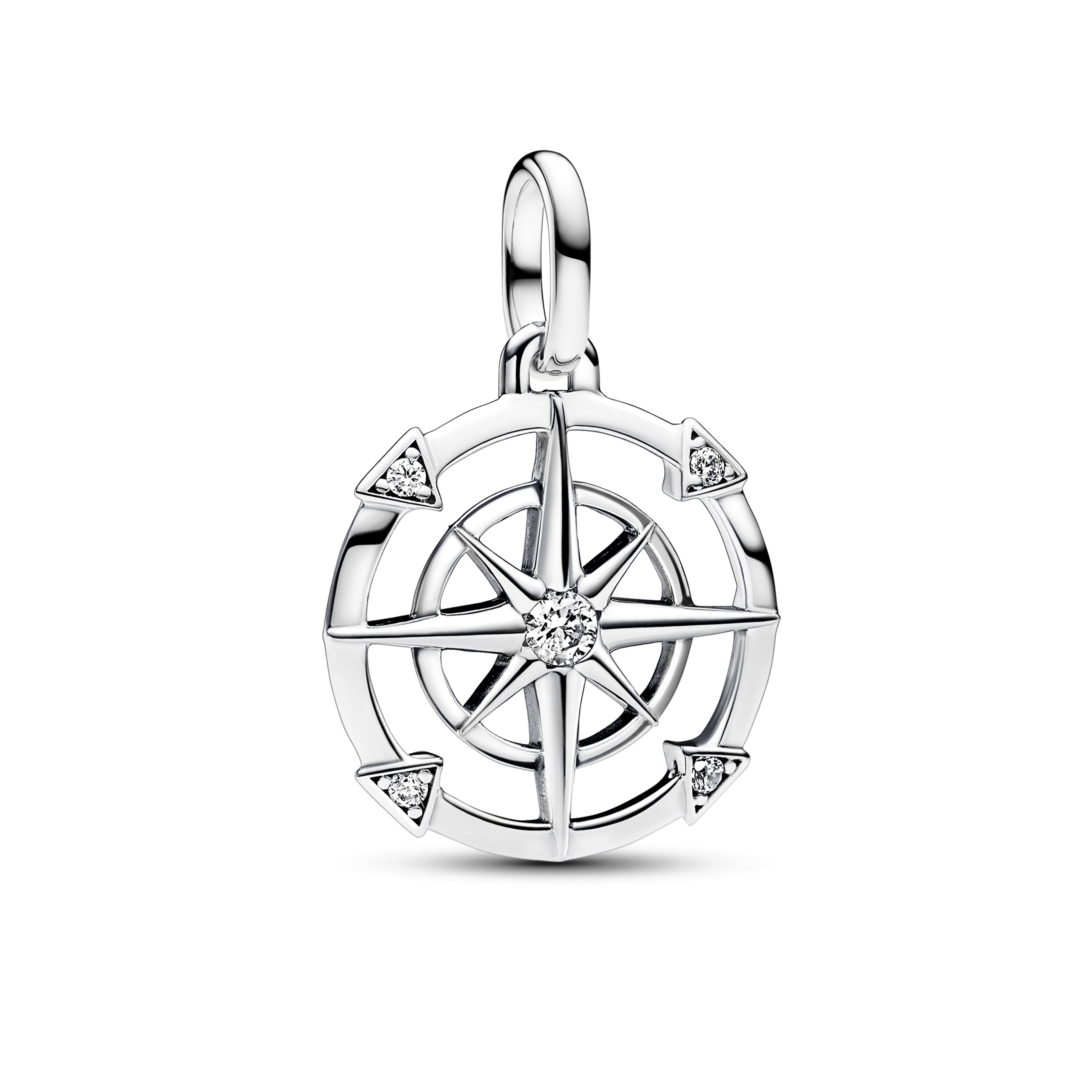 Compass Sterling Silver Medallion With Clear Cubic Zirconia