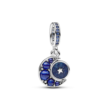 Crescent Moon Sterling Silver Dangle With Royal Blue, Stellar Blue And Skylight Blue Crystal And Shimmering Blue Enamel