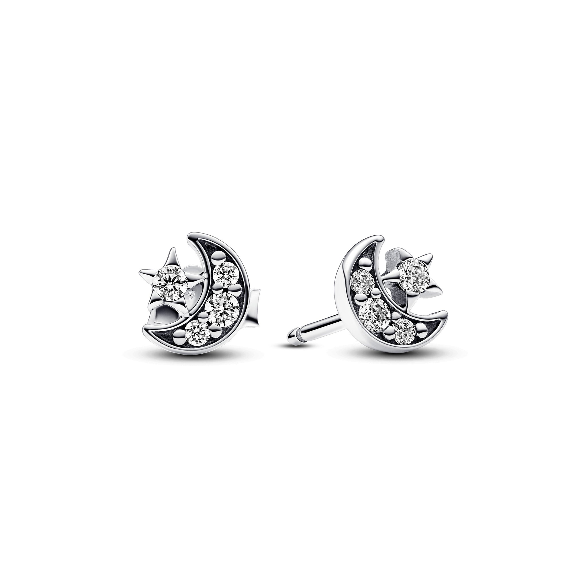 Crescent Moon Sterling Silver Stud Earrings With Clear Cubic Zirconia