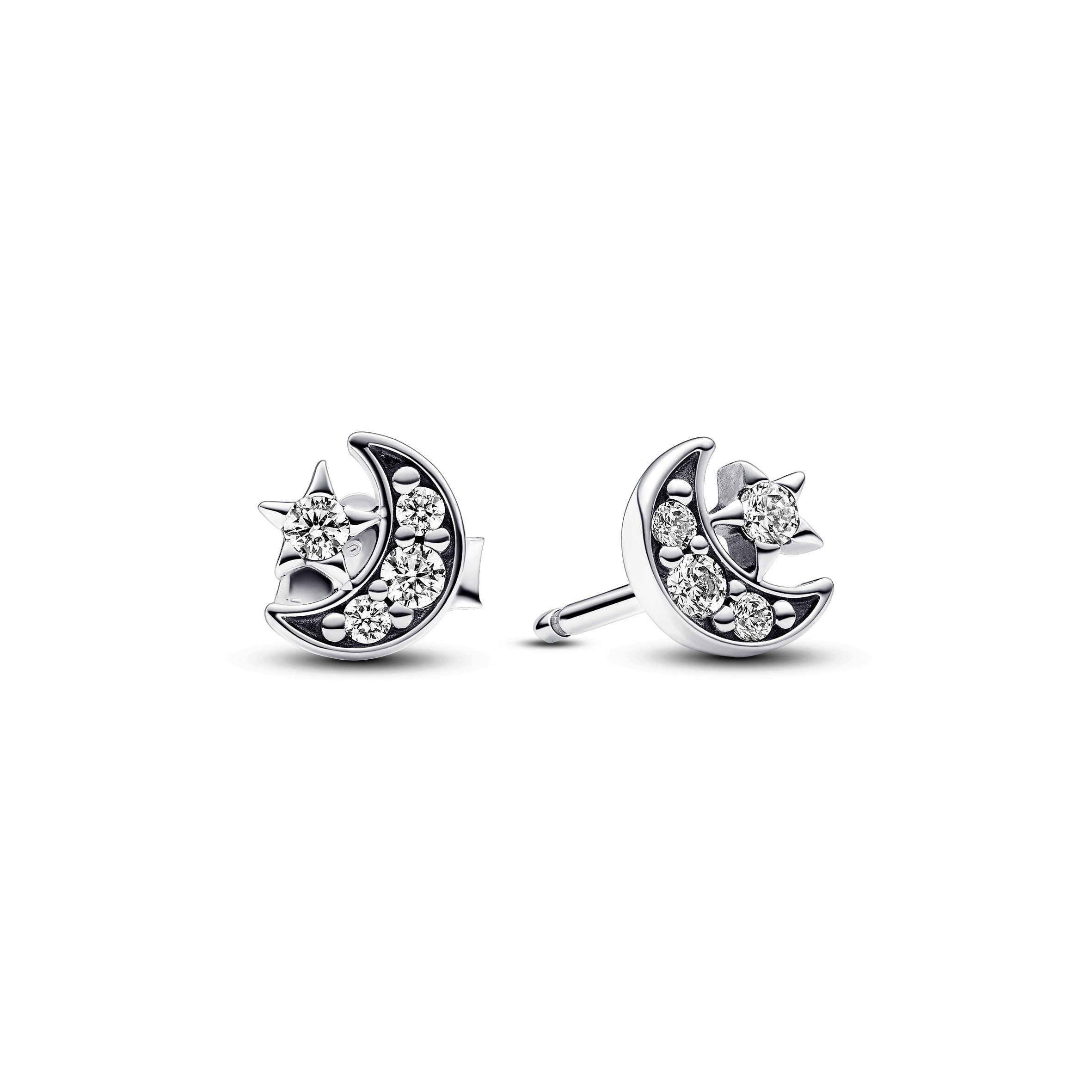 Crescent Moon Sterling Silver Stud Earrings With Clear Cubic Zirconia