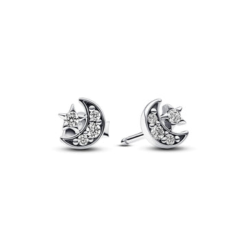 Crescent Moon Sterling Silver Stud Earrings With Clear Cubic Zirconia