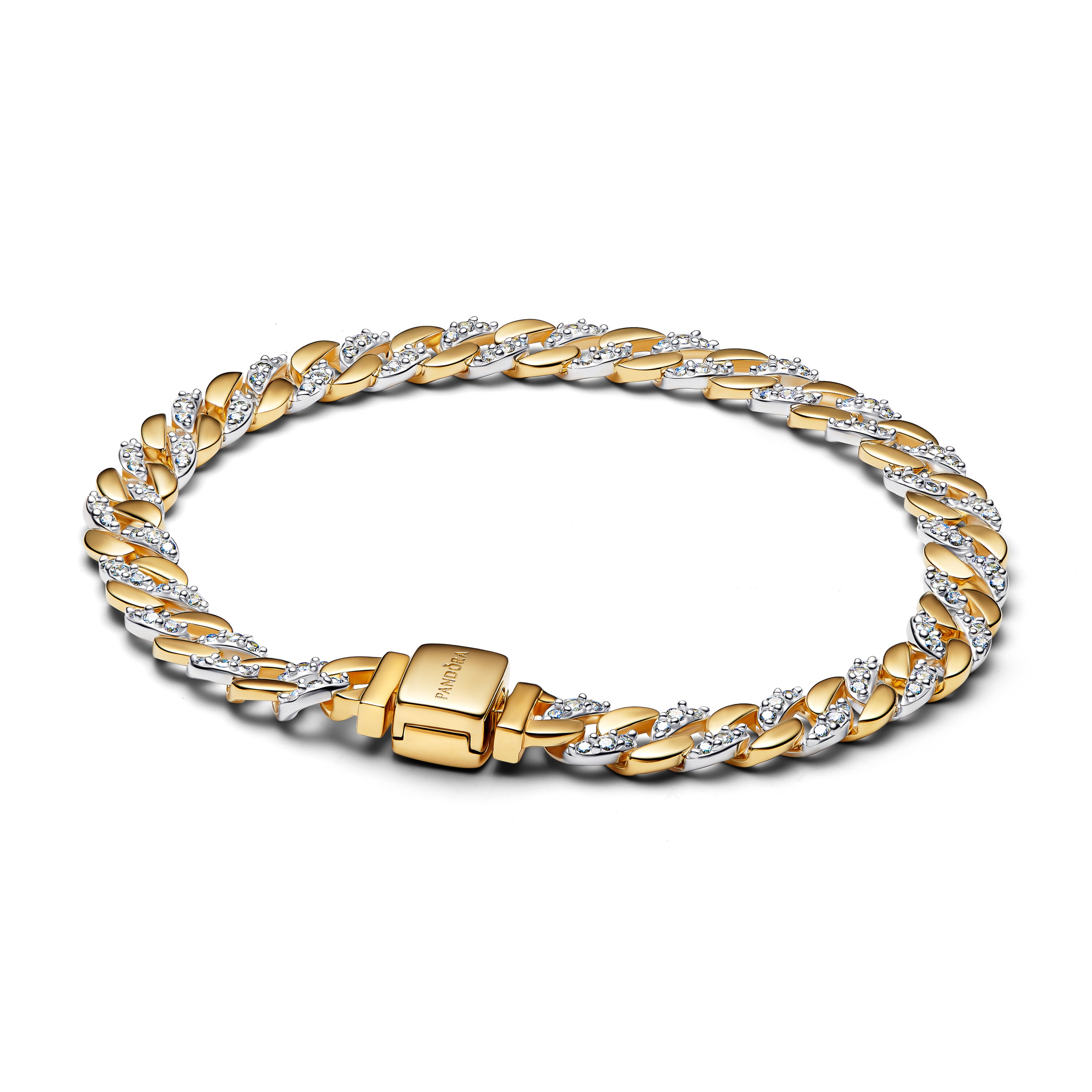Cuban Chain Sterling Silver And 14K Gold-Plated Bracelet With Clear Cubic Zirconia
