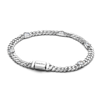 Cuban Chain Sterling Silver Bracelet With Clear Cubic Zirconia
