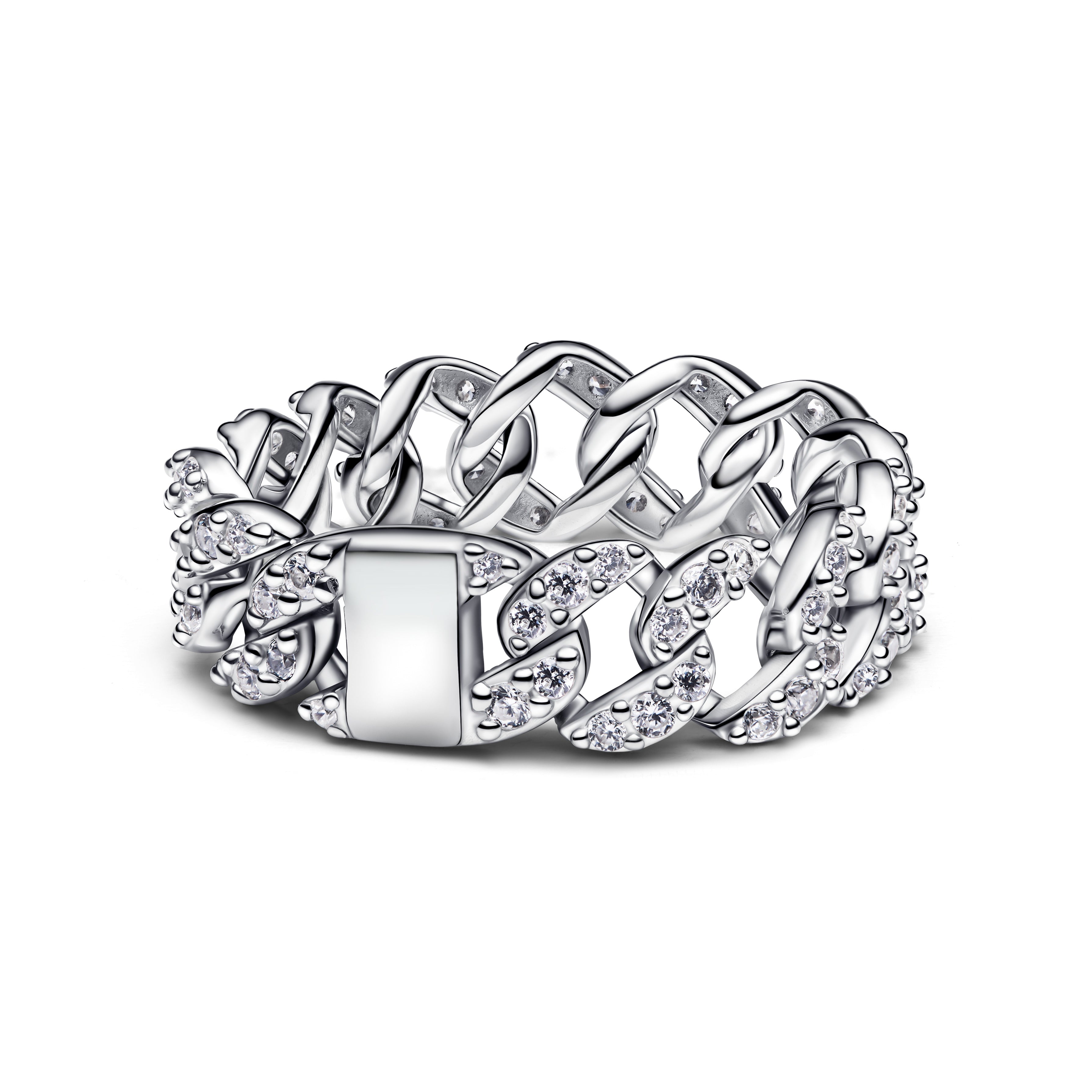 Cuban Chain Sterling Silver Ring With Clear Cubic Zirconia