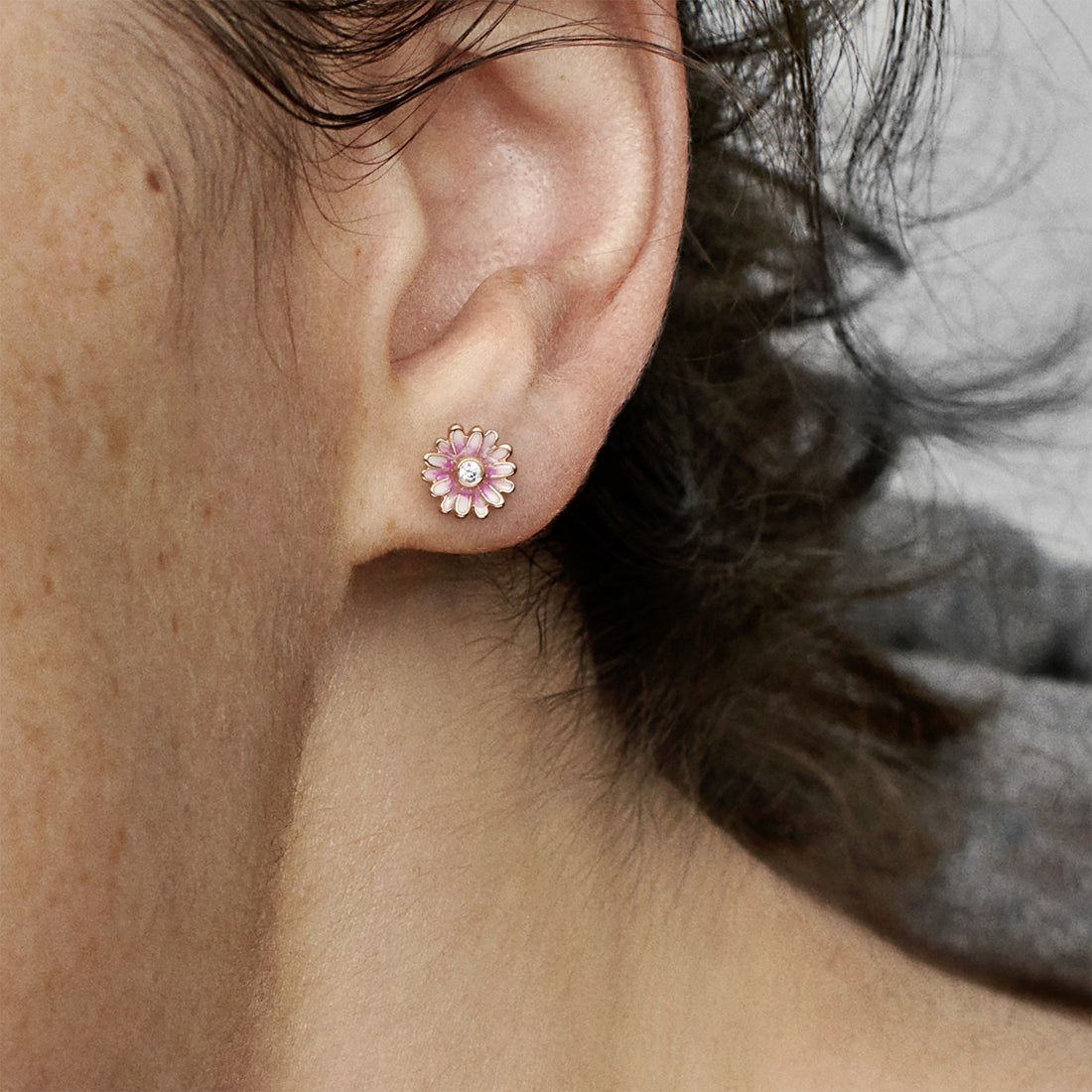 Daisy 14K Rose Gold-Plated Stud Earrings With Clear Cubic Zirconia And Shaded Pink Enamel