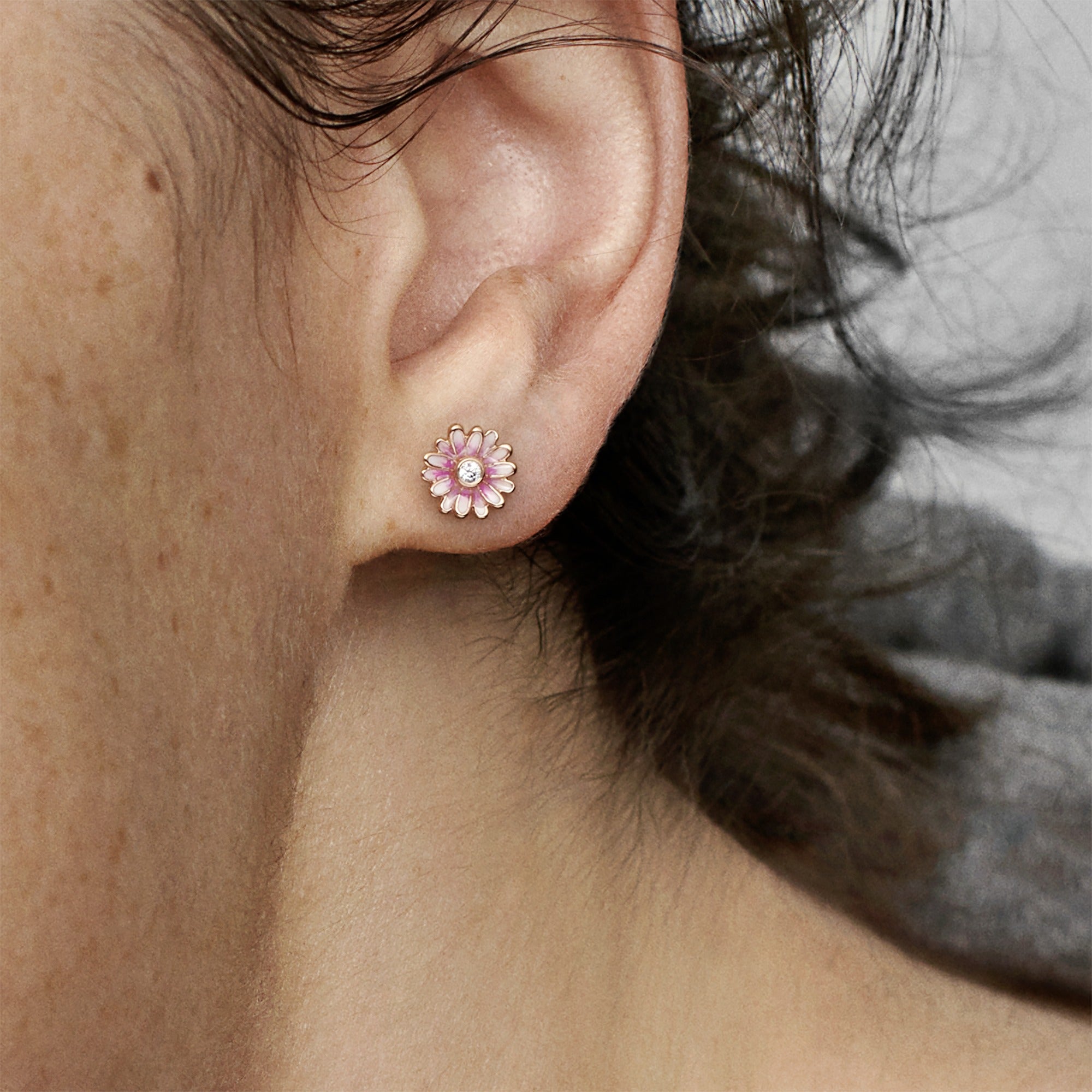 Daisy 14K Rose Gold-Plated Stud Earrings With Clear Cubic Zirconia And Shaded Pink Enamel