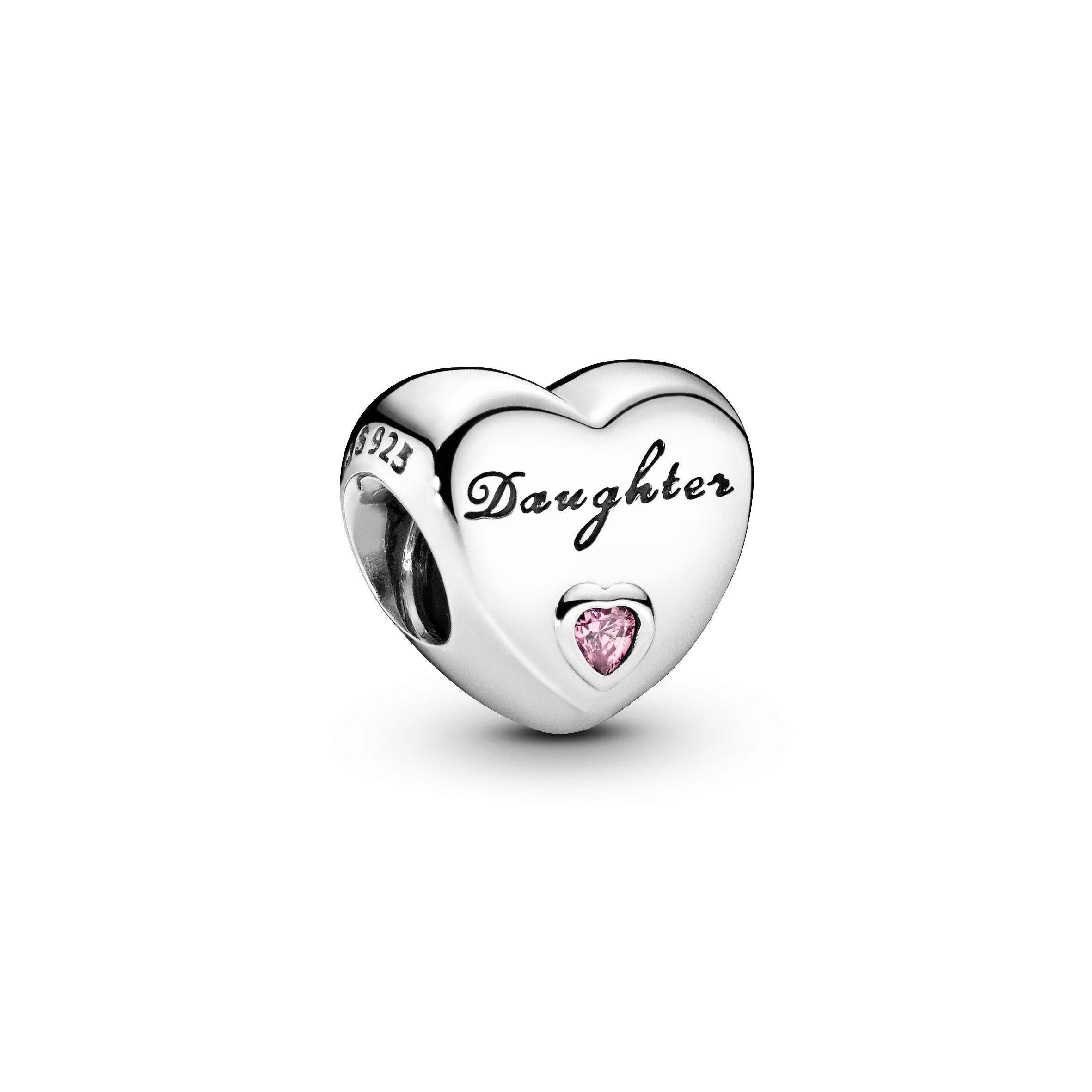 Daughter Heart Silver Charm With Pink Cubic Zirconia