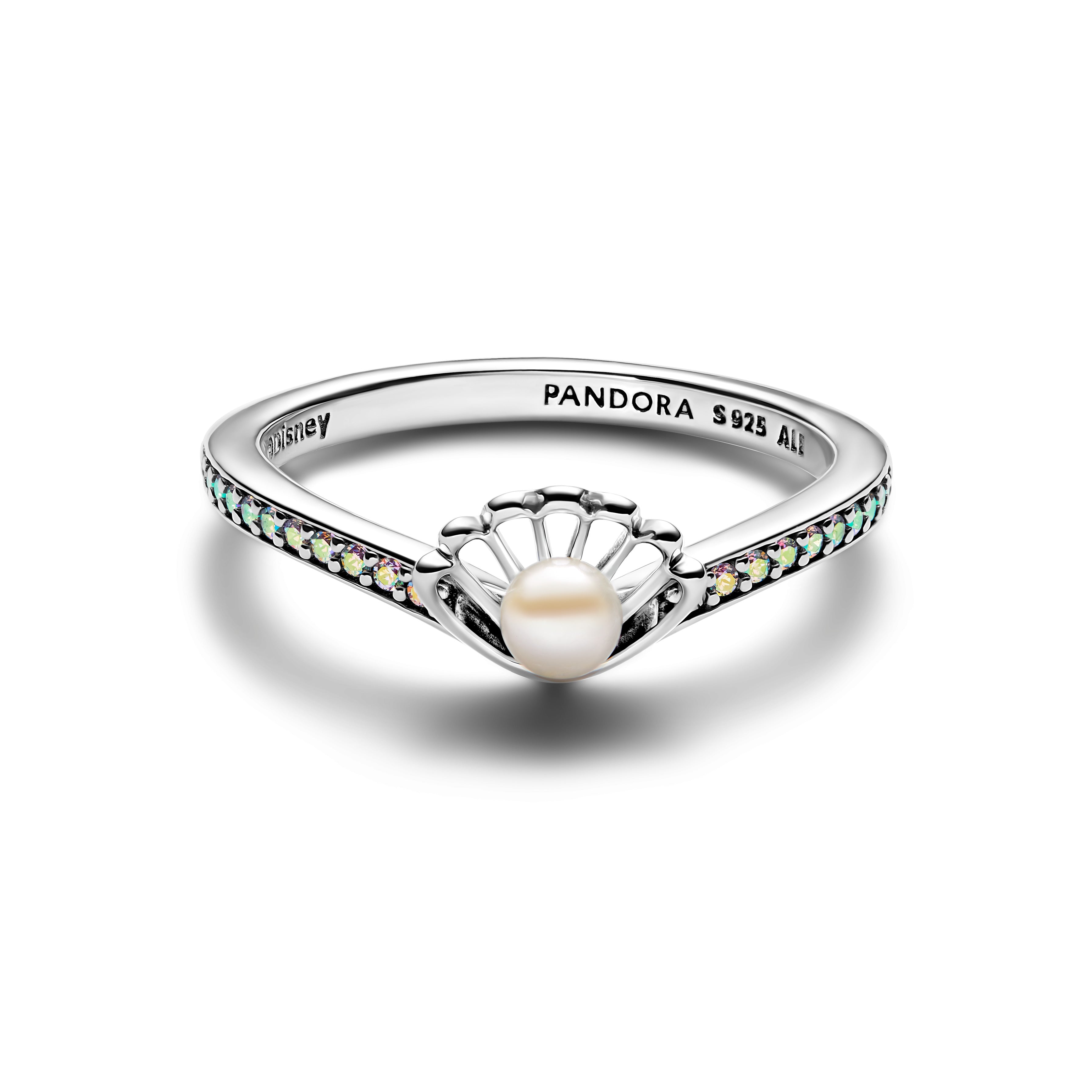 Disney Ariel Sterling Silver Ring With Treated White Freshwater Cultured Pearl And Aurora Borealis Clear Cubic Zirconia