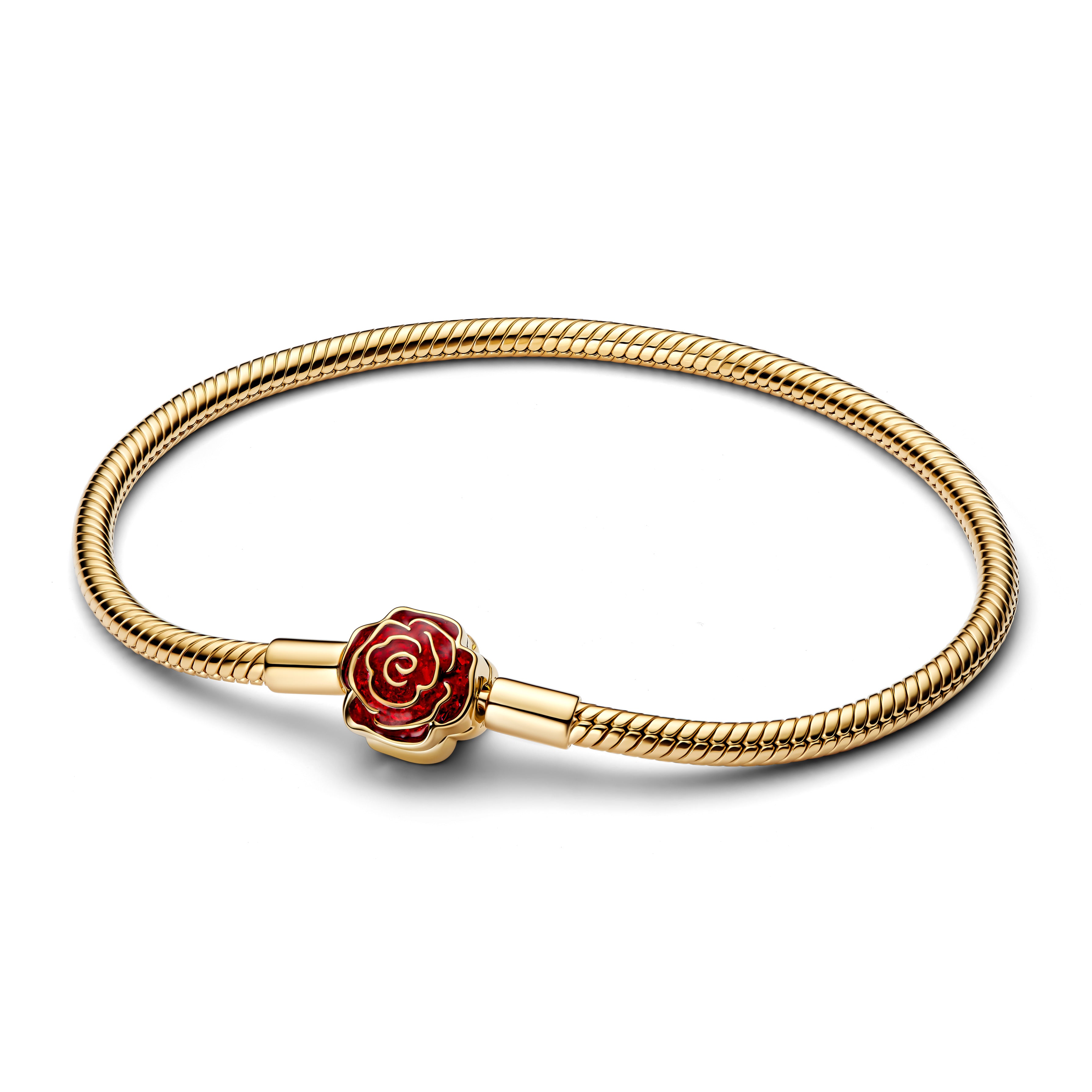 Disney Beauty & The Beast Snake Chain 14K Gold-Plated Bracelet With Rose Clasp And Holo Glittery Red Enamel