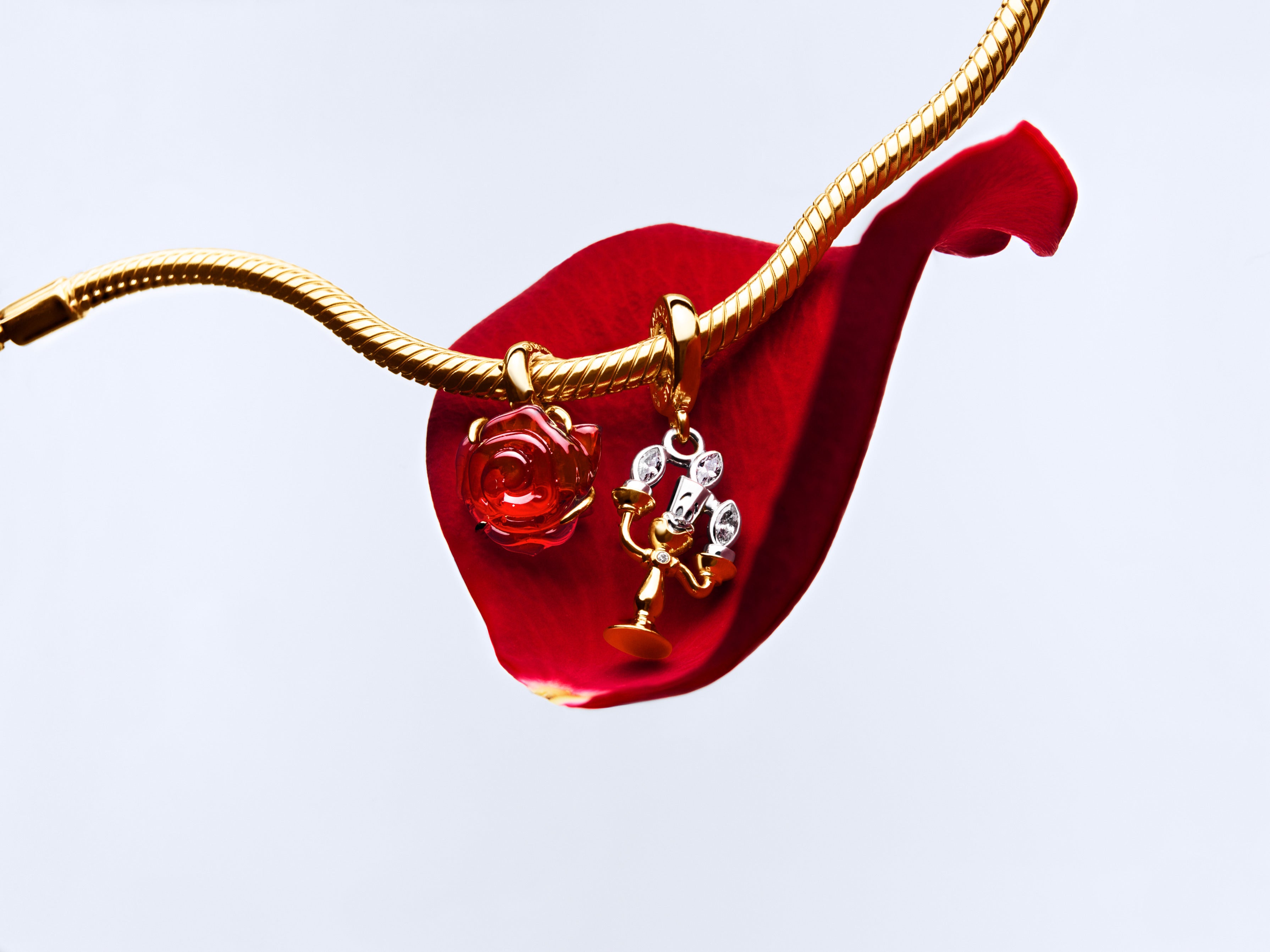 Disney Beauty & The Beast Snake Chain 14K Gold-Plated Bracelet With Rose Clasp And Holo Glittery Red Enamel