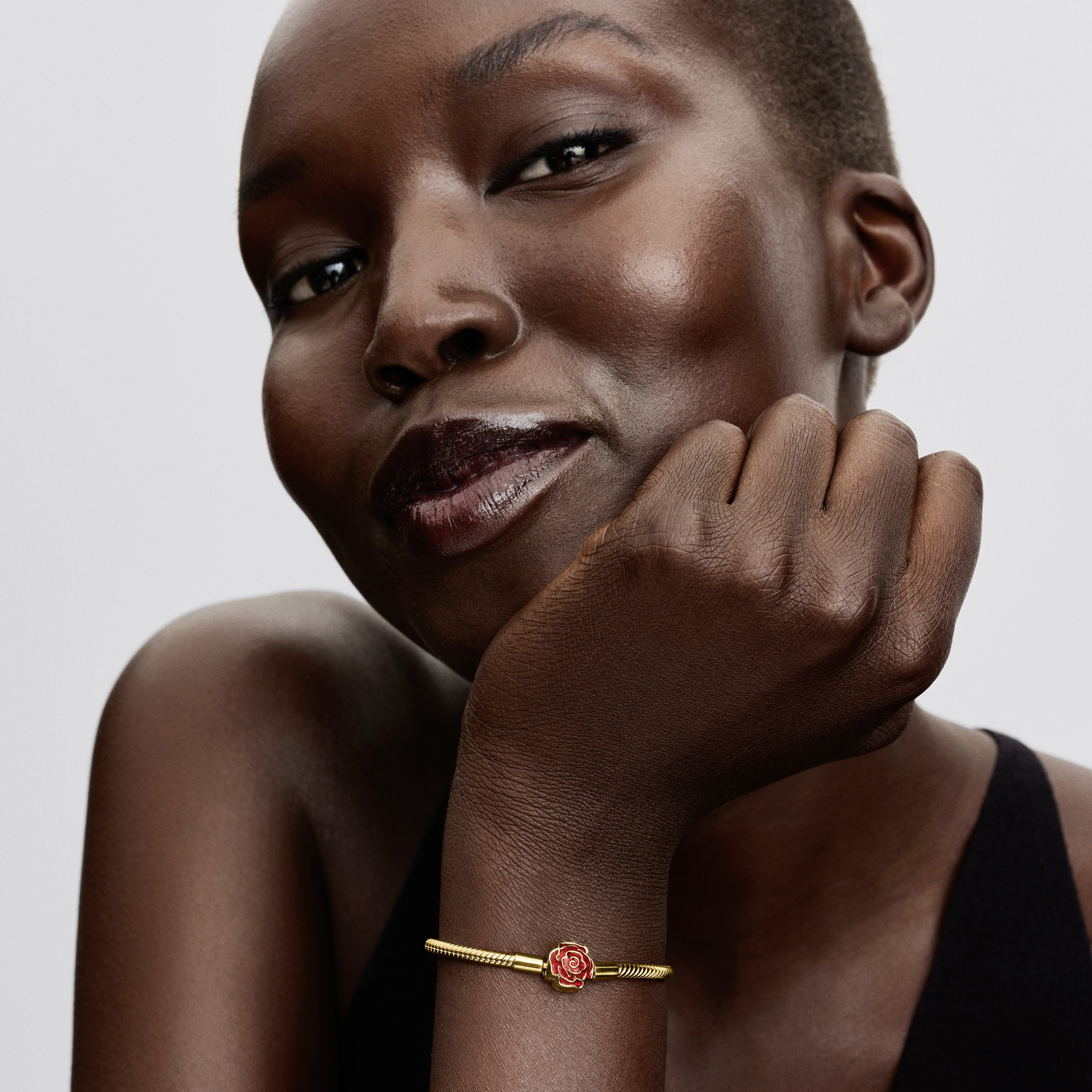 Disney Beauty & The Beast Snake Chain 14K Gold-Plated Bracelet With Rose Clasp And Holo Glittery Red Enamel