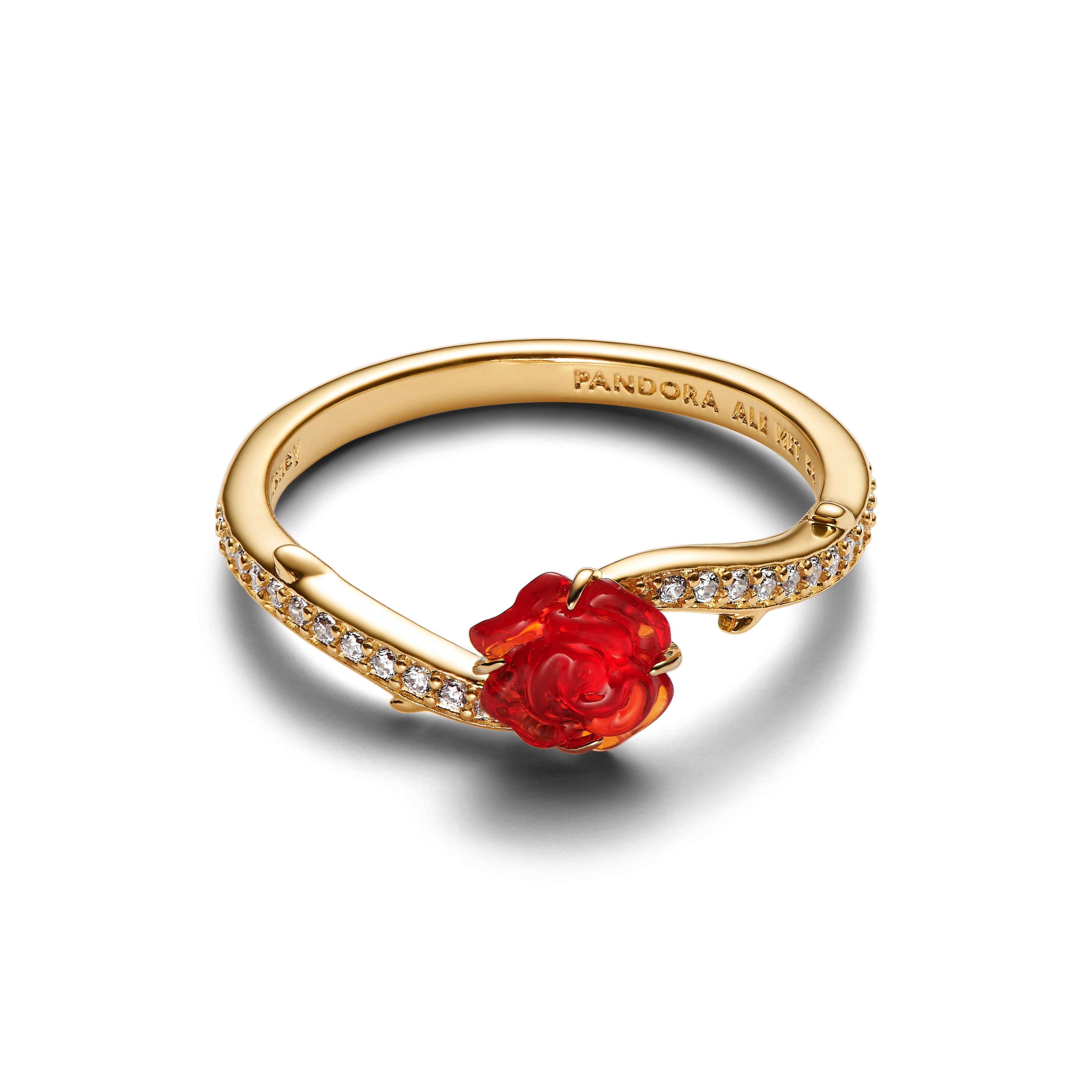 Disney Beauty And The Beast Rose 14K Gold-Plated Ring With Clear Cubic Zirconia And Red Murano Glass