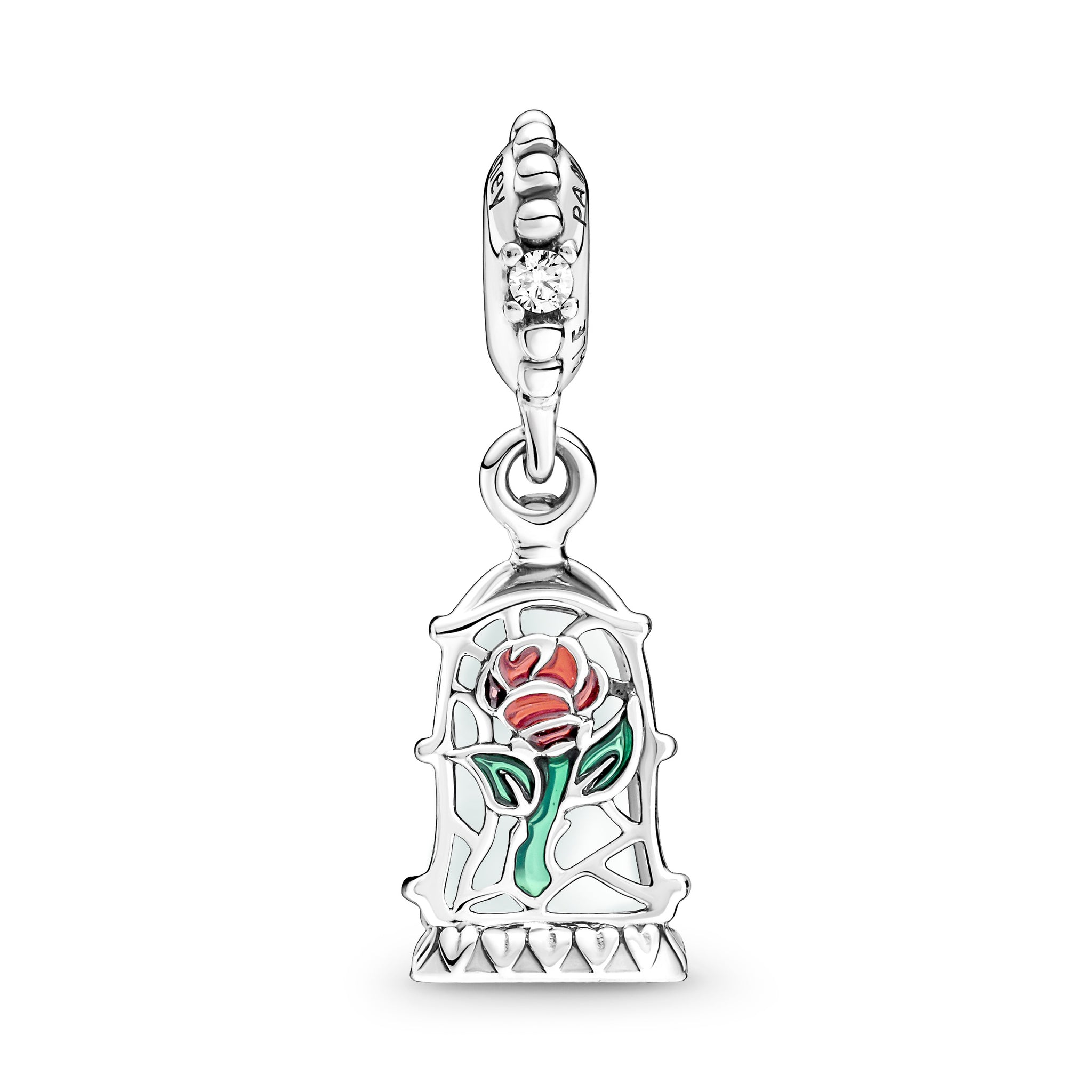Disney Beauty And The Beast Rose Sterling Silver Dangle With Clear Cubic Zirconia, Transparent Light Blue Murano Glass, Red And Green Enamel