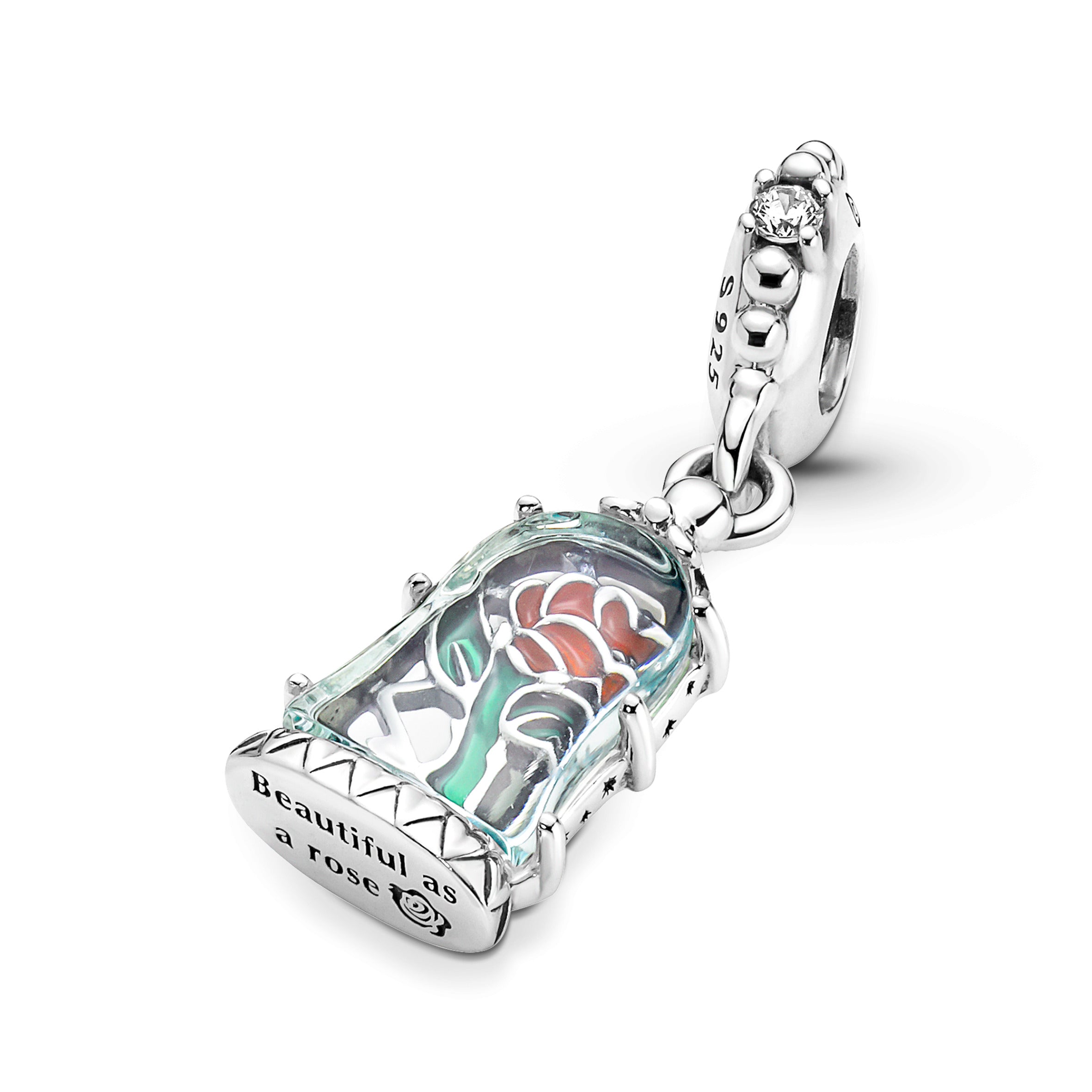Disney Beauty And The Beast Rose Sterling Silver Dangle With Clear Cubic Zirconia, Transparent Light Blue Murano Glass, Red And Green Enamel