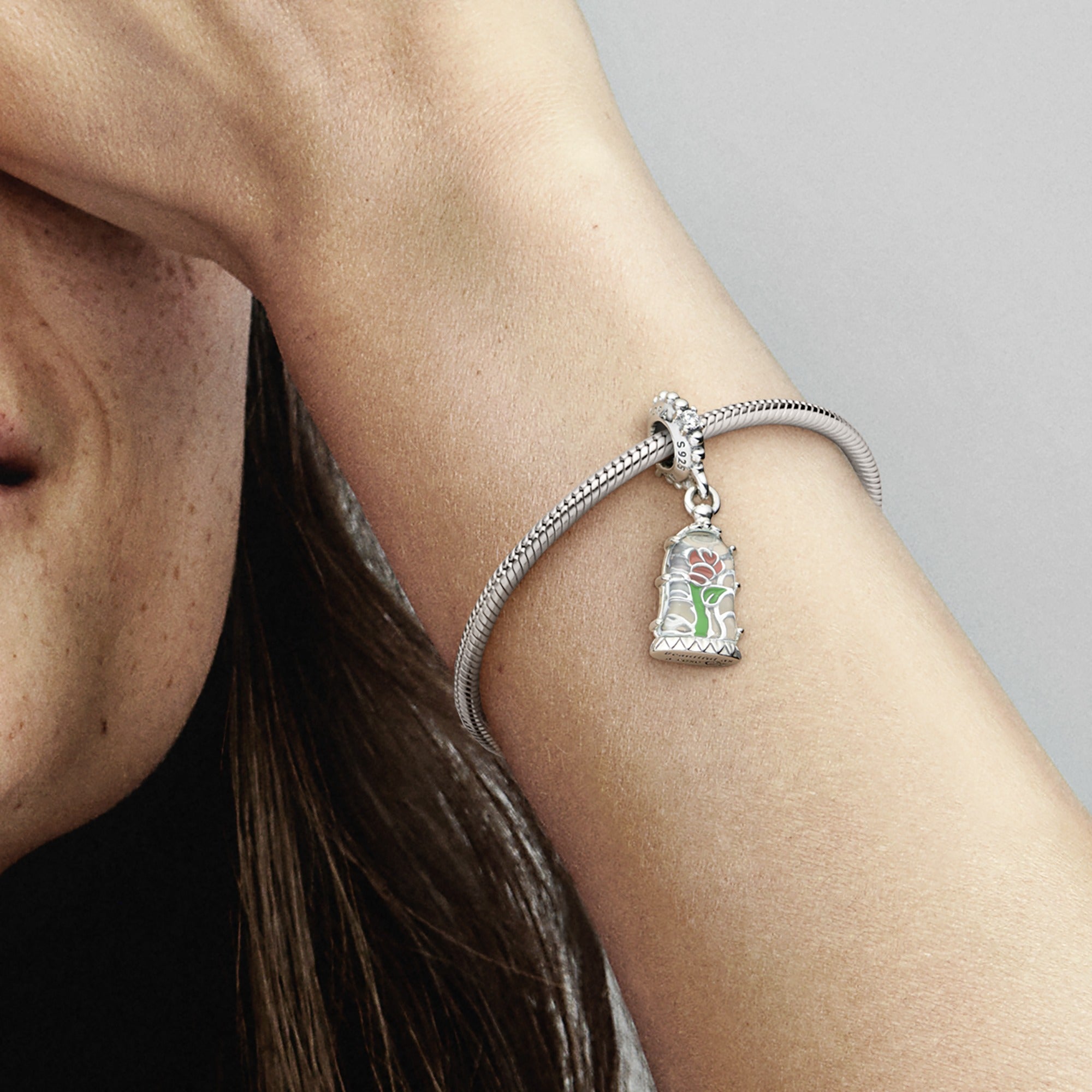 Disney Beauty And The Beast Rose Sterling Silver Dangle With Clear Cubic Zirconia, Transparent Light Blue Murano Glass, Red And Green Enamel