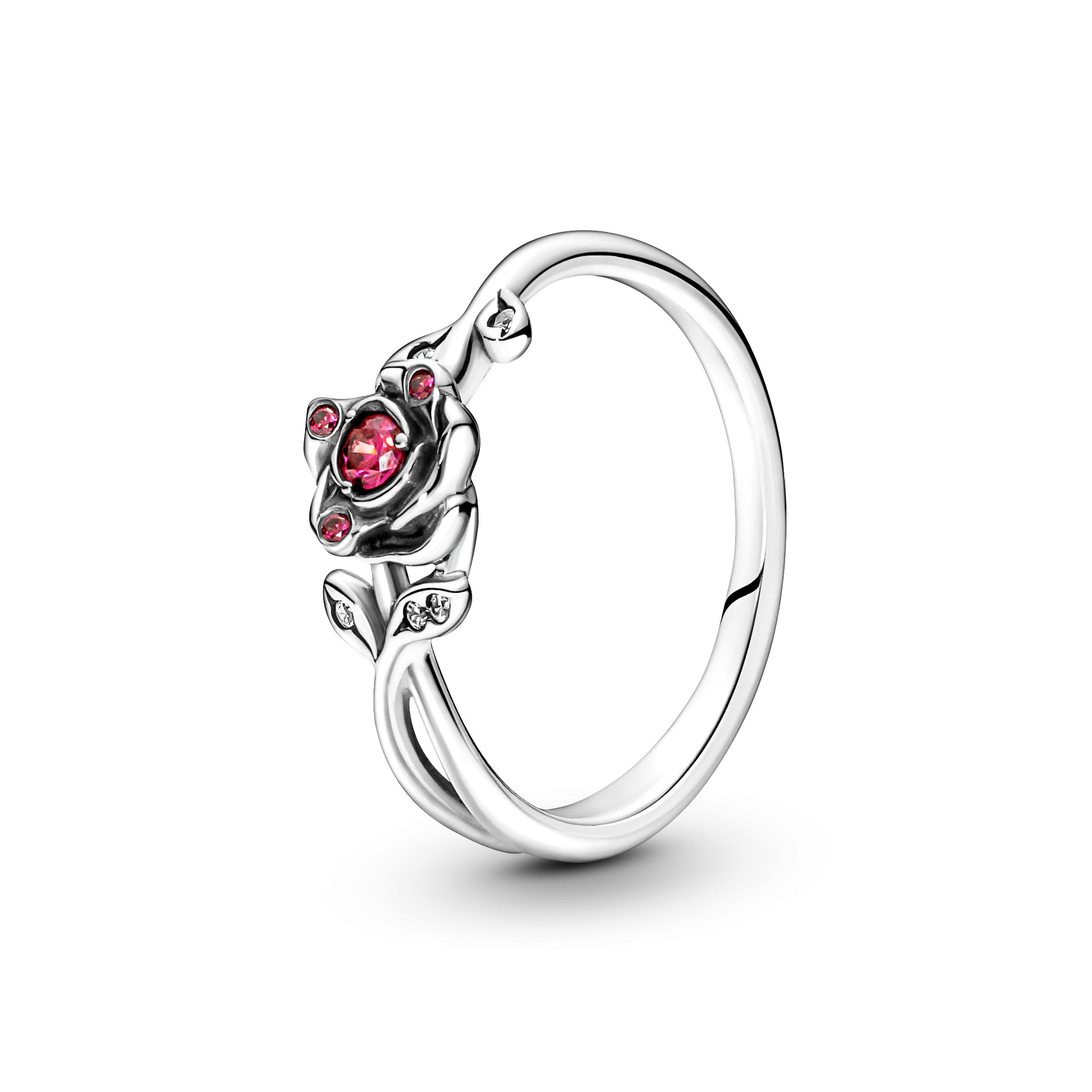 Disney Beauty And The Beast Rose Sterling Silver Ring With Red And Clear Cubic Zirconia
