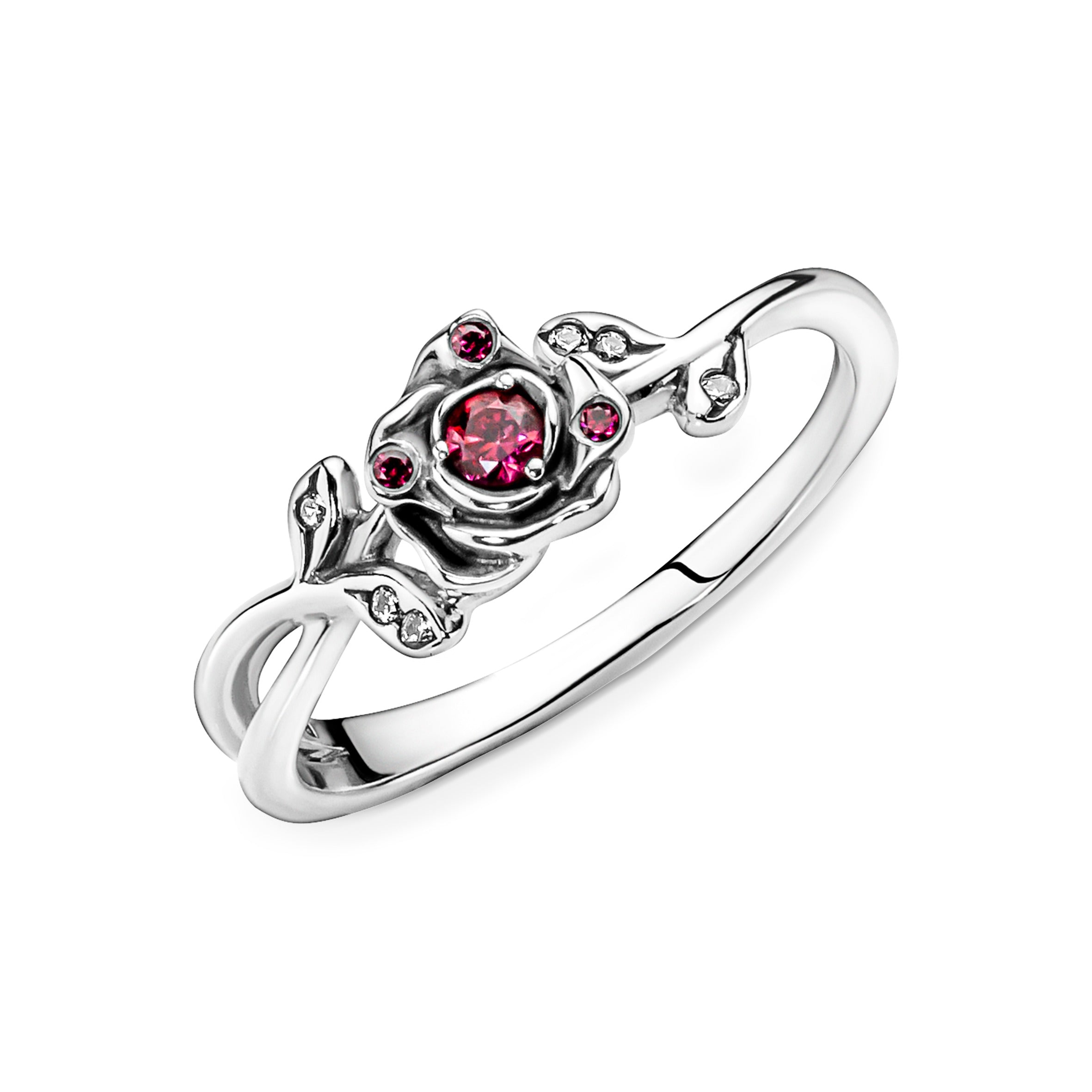 Disney Beauty And The Beast Rose Sterling Silver Ring With Red And Clear Cubic Zirconia