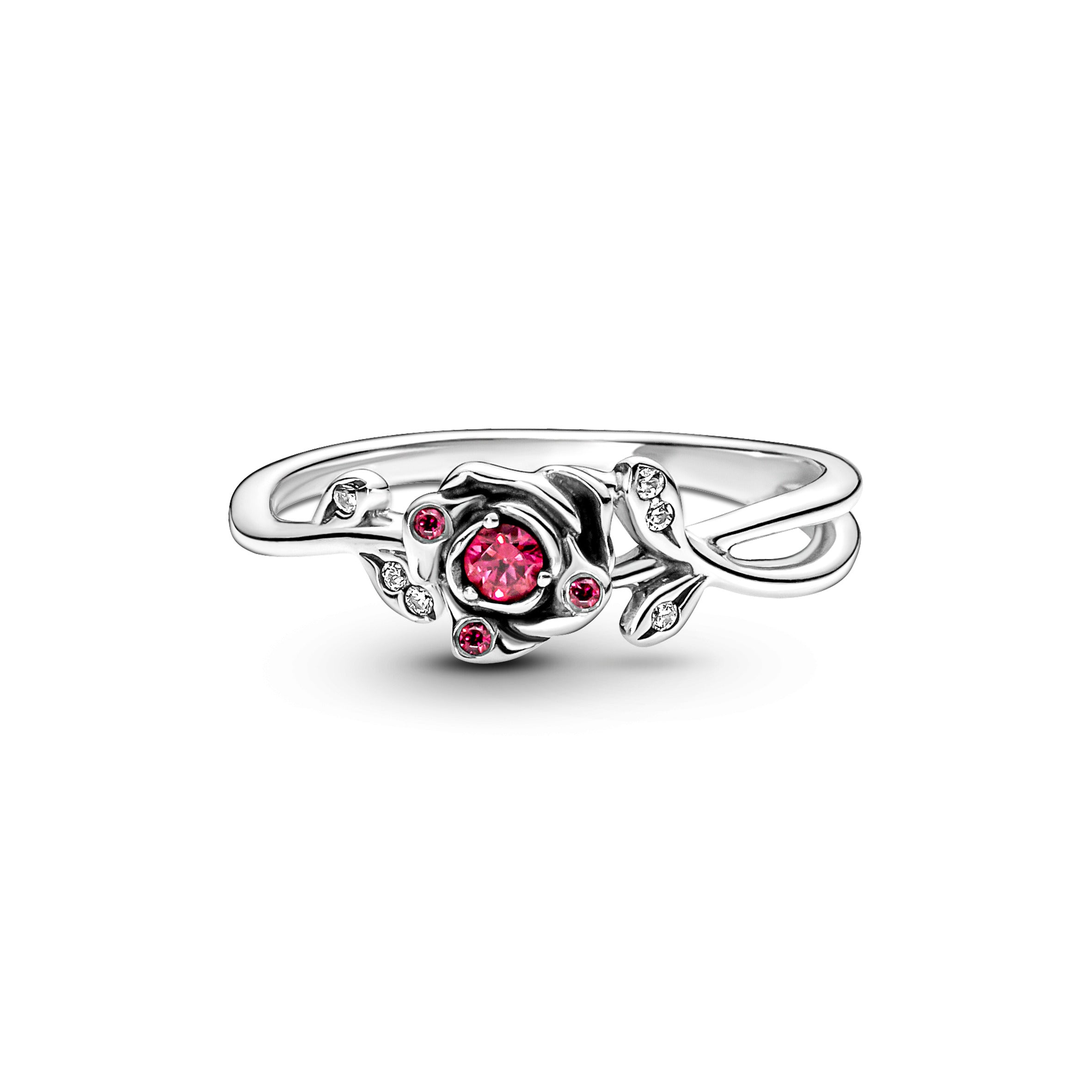 Disney Beauty And The Beast Rose Sterling Silver Ring With Red And Clear Cubic Zirconia