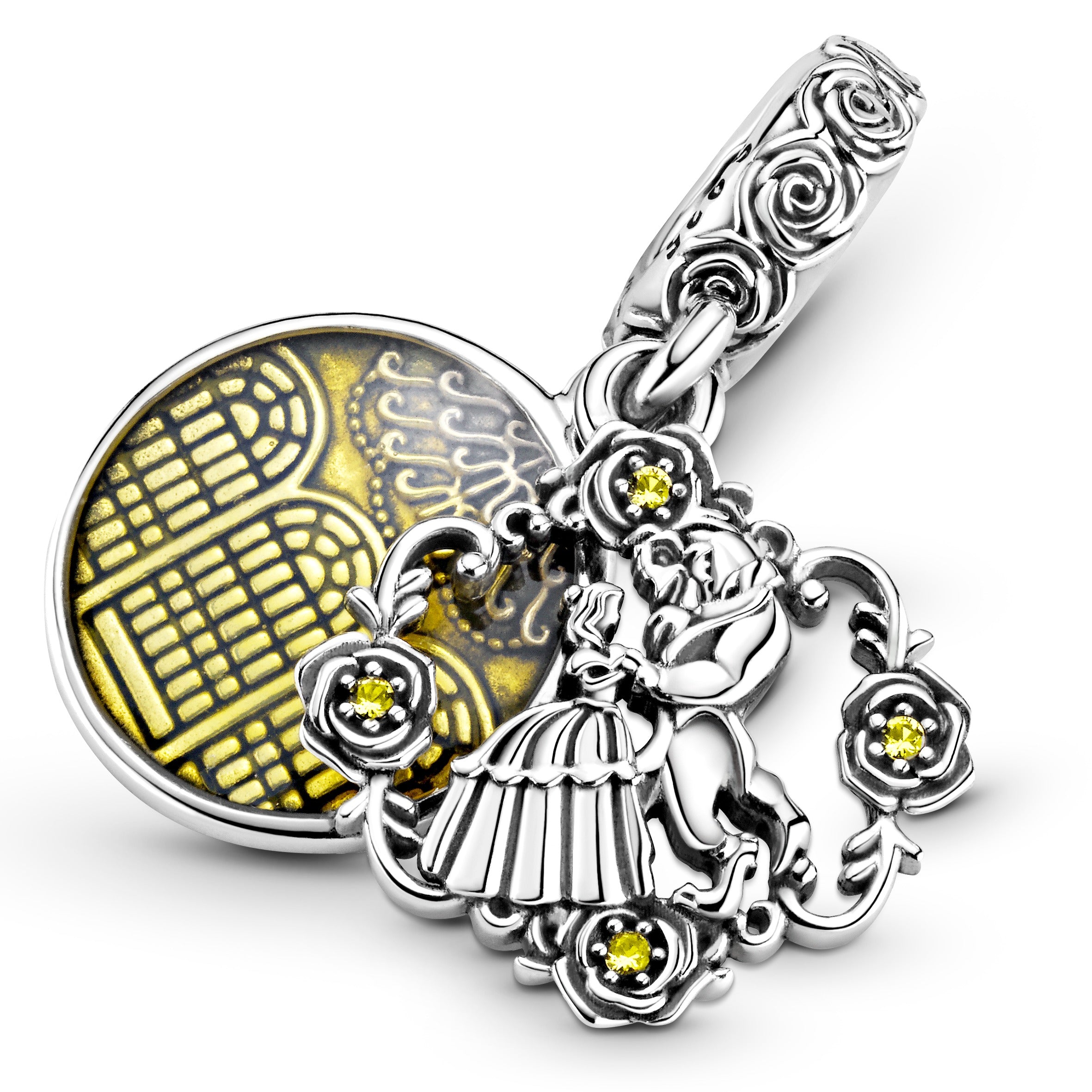Disney Beauty And The Beast Sterling Silver Dangle With Blazing Yellow Crystal And Yellow Enamel
