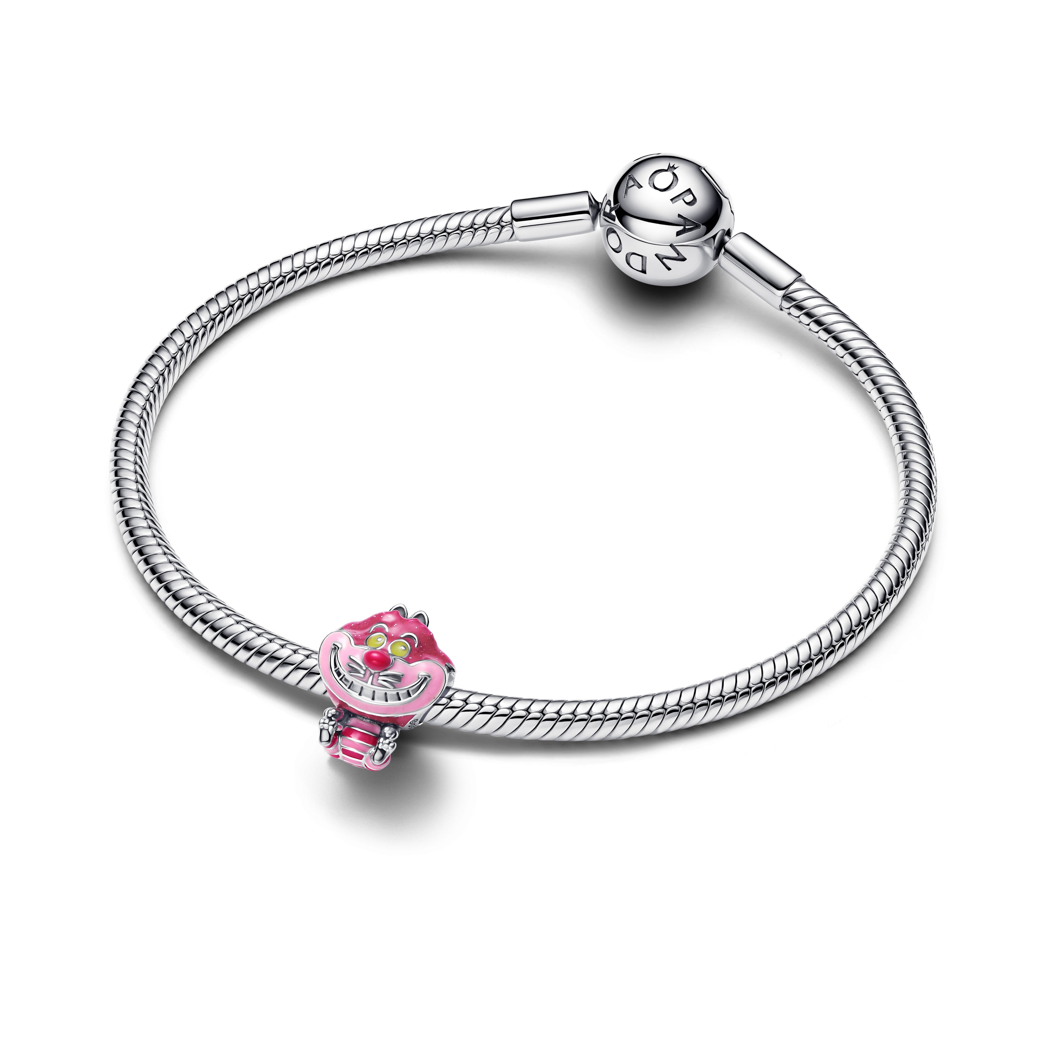 Disney Cheshire Cat Sterling Silver Charm With Glittery Pink, Light Pink, Pink And Glow In The Dark Yellow Enamel