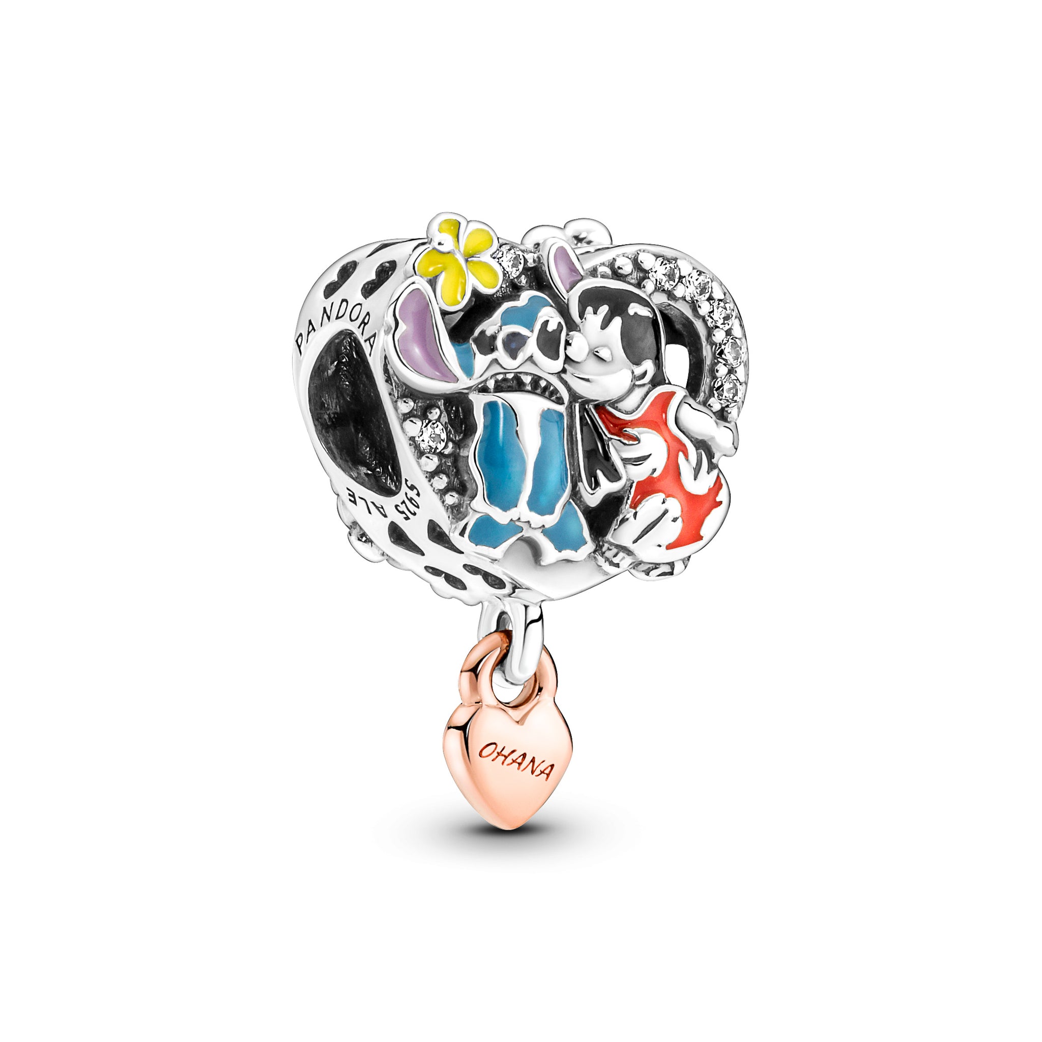 Disney Lilo And Stitch Sterling Silver And 14K Rose Gold-Plated Charm With Clear Cubic Zirconia, Black, Red, Blue, Yellow, Pink And Purple E