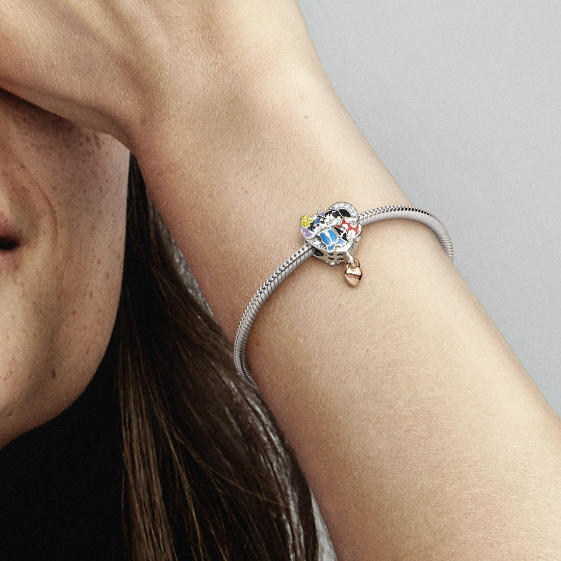 Disney Lilo And Stitch Sterling Silver And 14K Rose Gold-Plated Charm With Clear Cubic Zirconia, Black, Red, Blue, Yellow, Pink And Purple E