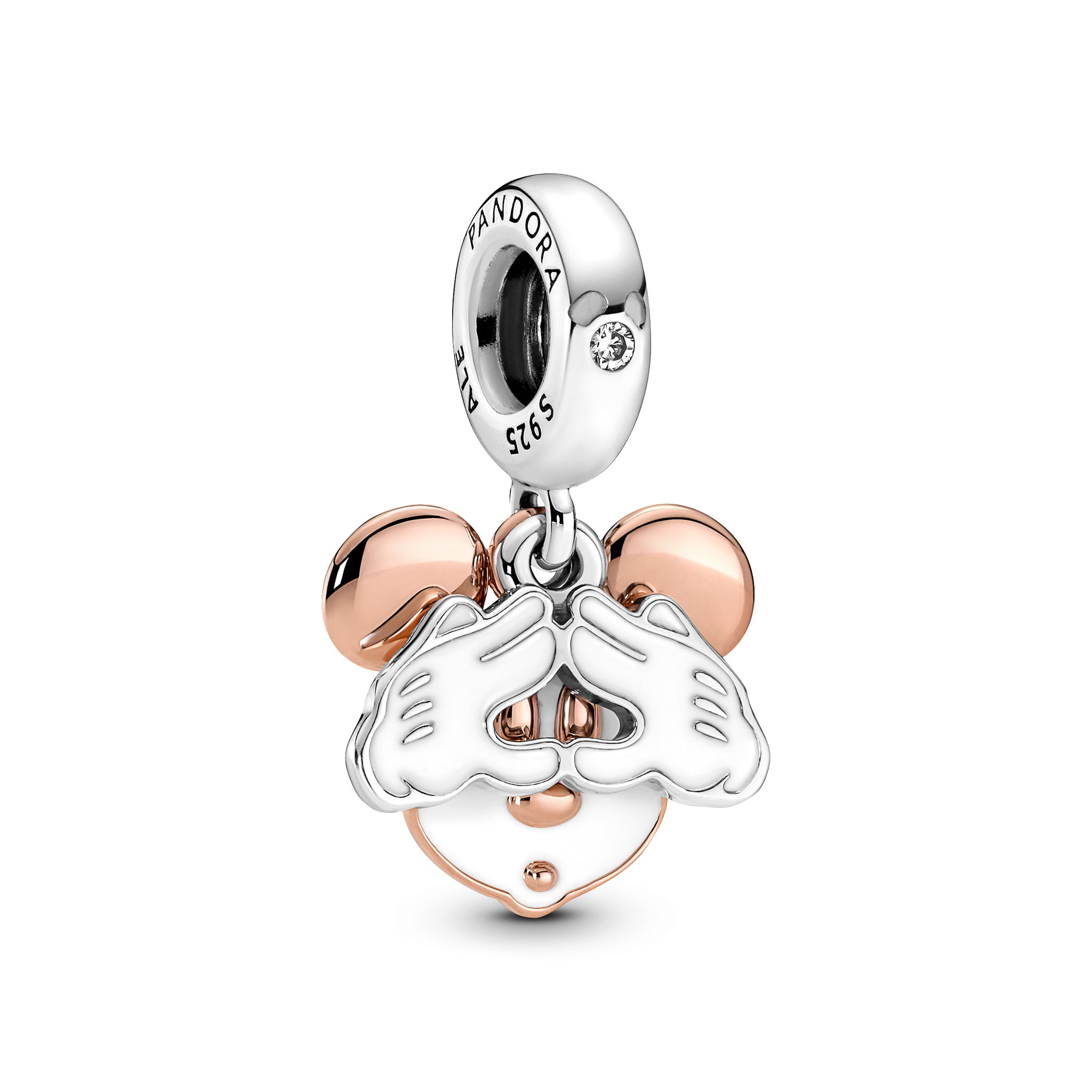 Disney Mickey Mouse Sterling Silver And 14K Rose Gold-Plated Double Dangle With Clear Cubic Zirconia And White Enamel
