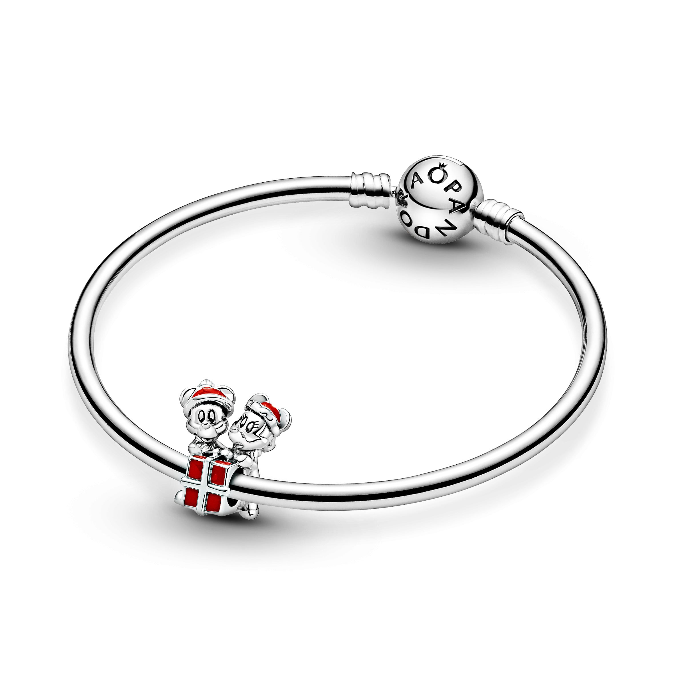 Disney Mickey, Minnie And Gift Box Sterling Silver Charm With Red Enamel