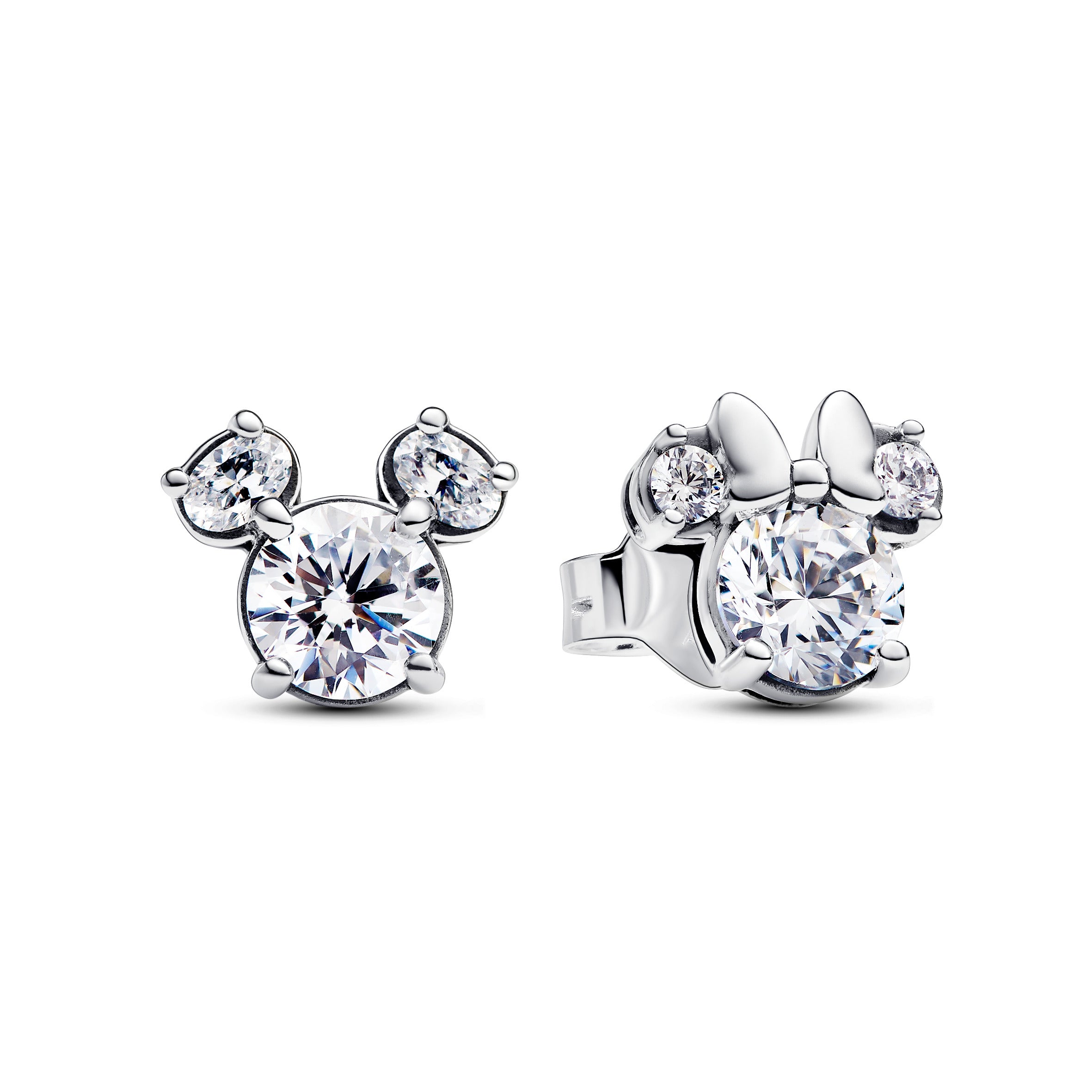 Disney Mickey And Minnie Silhouette Sterling Silver Stud Earrings With Clear Cubic Zirconia