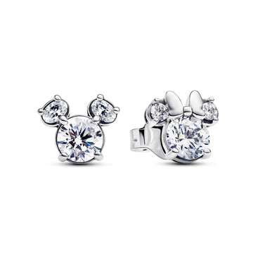 Disney Mickey And Minnie Silhouette Sterling Silver Stud Earrings With Clear Cubic Zirconia
