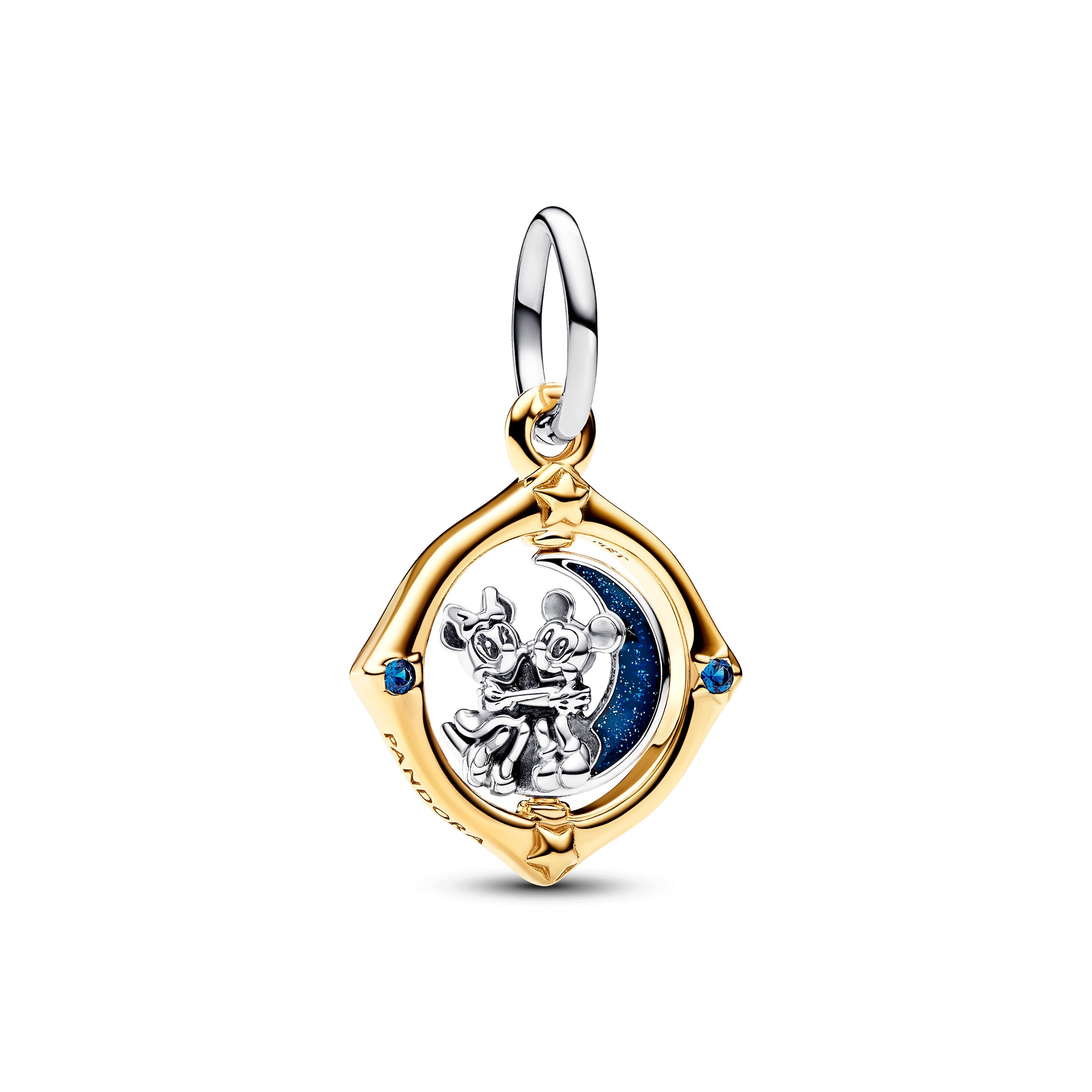 Disney Mickey And Minnie Sterling Silver And 14K Gold-Plated Spinning Dangle With True Blue Crystal And Glittery Blue Enamel
