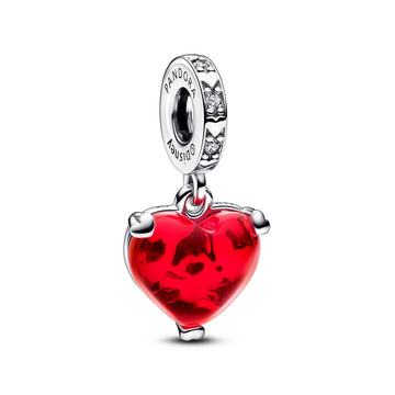 Disney Mickey And Minnie Sterling Silver Dangle With Clear Cubic Zirconia And Red Murano Glass