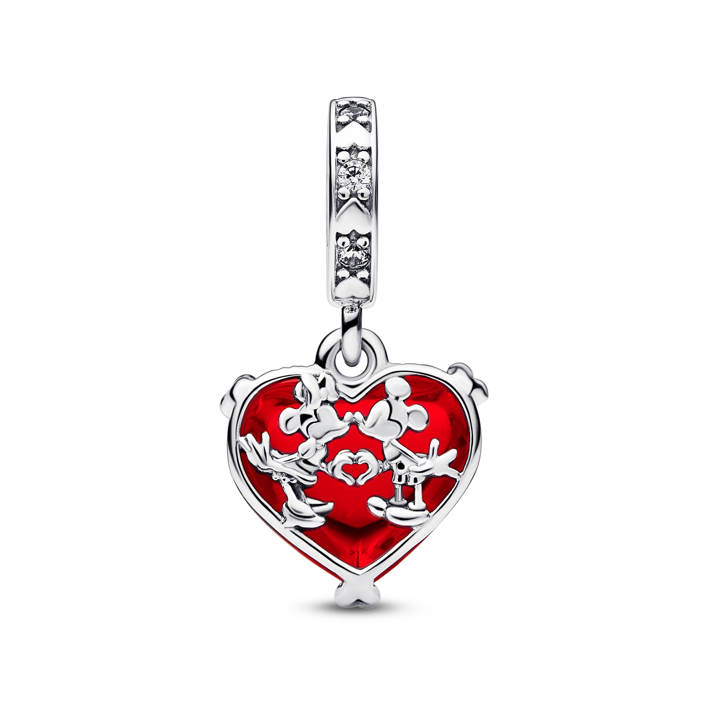 Disney Mickey And Minnie Sterling Silver Dangle With Clear Cubic Zirconia And Red Murano Glass