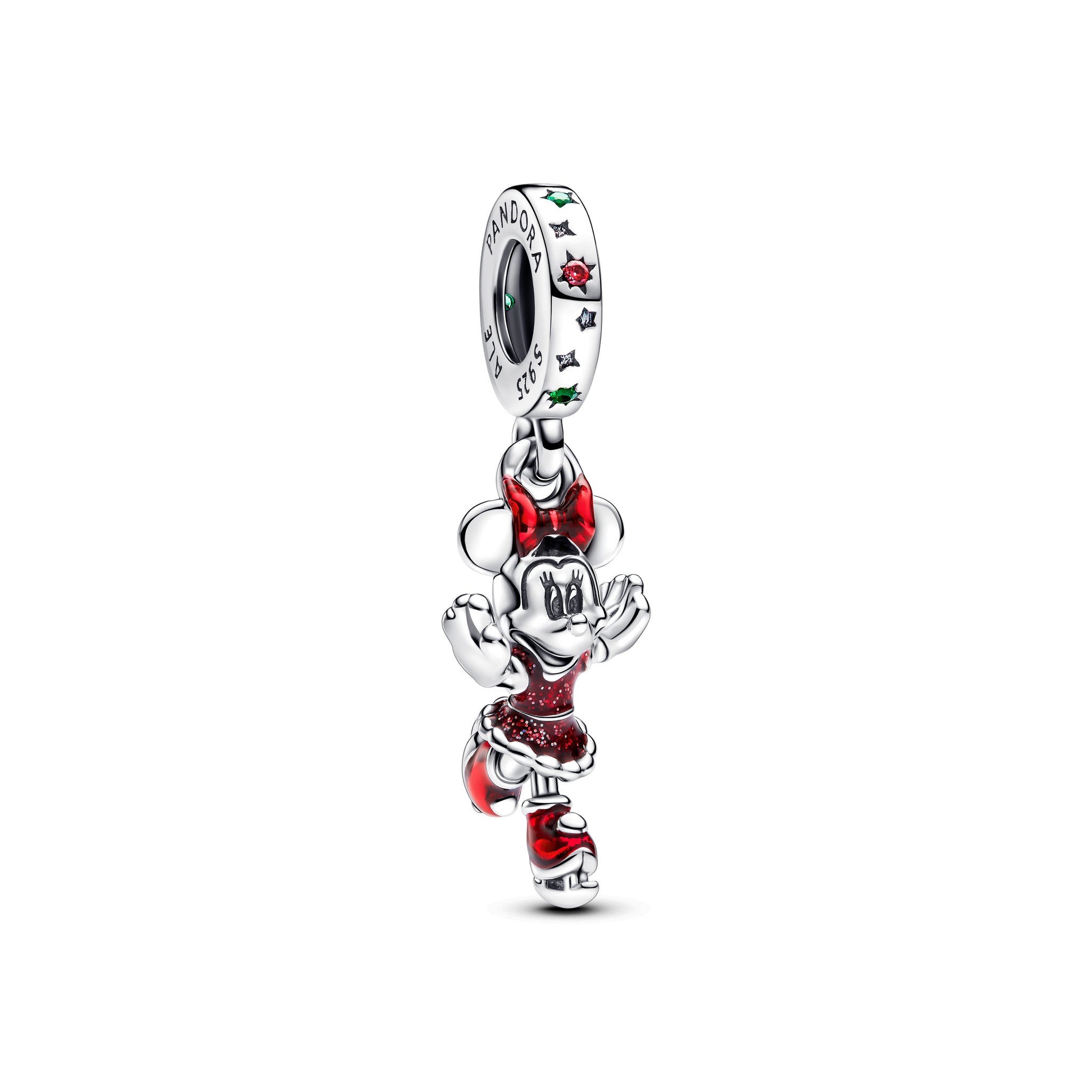 Disney Minnie Mouse Ice Skating Sterling Silver Dangle With Red Cubic Zirconia, Lake Green Crystal And Holo Glittery Red Enamel
