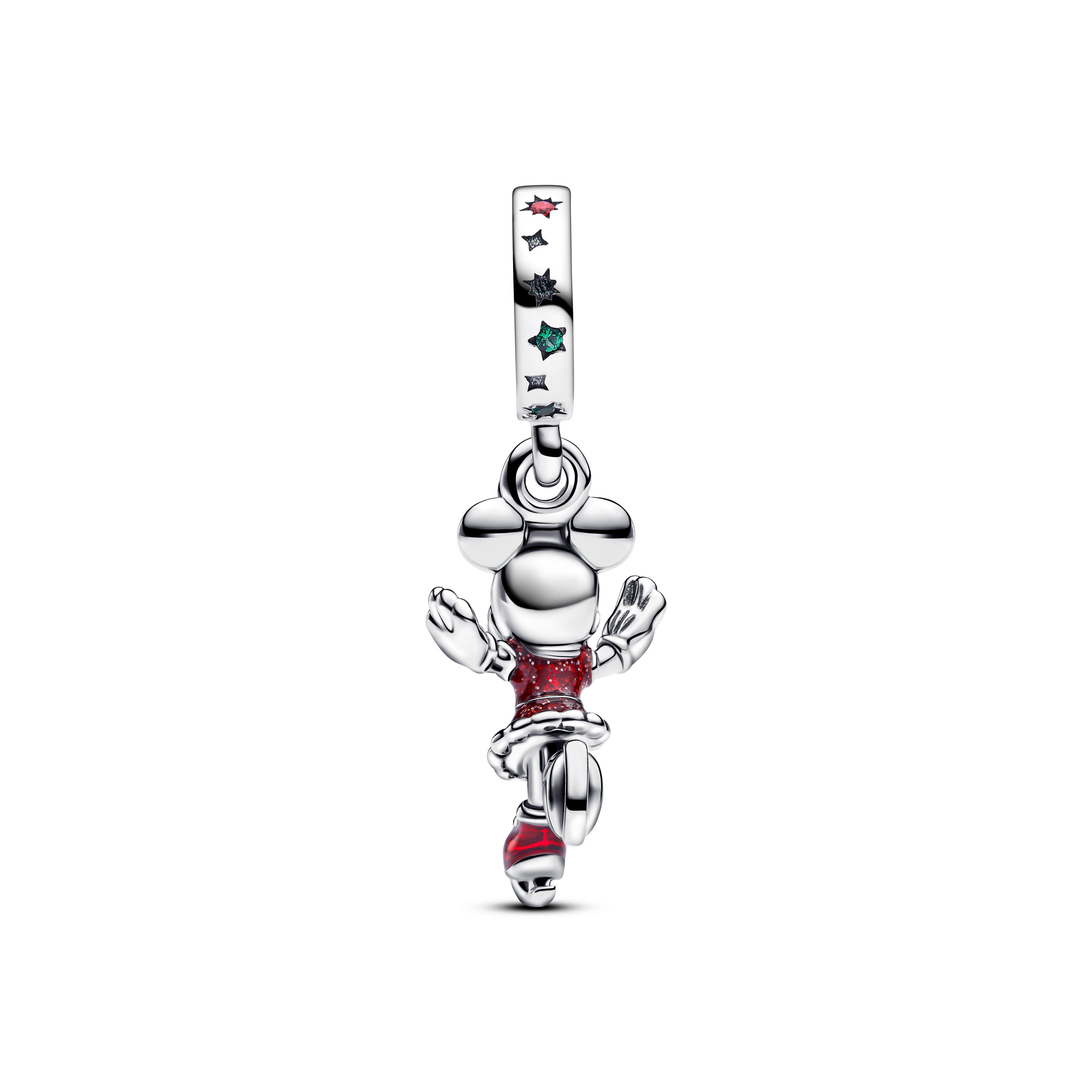Disney Minnie Mouse Ice Skating Sterling Silver Dangle With Red Cubic Zirconia, Lake Green Crystal And Holo Glittery Red Enamel