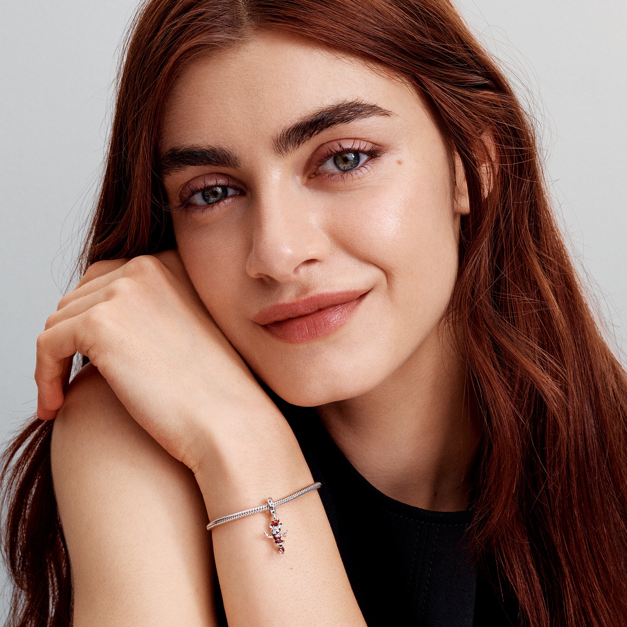 Disney Minnie Mouse Ice Skating Sterling Silver Dangle With Red Cubic Zirconia, Lake Green Crystal And Holo Glittery Red Enamel