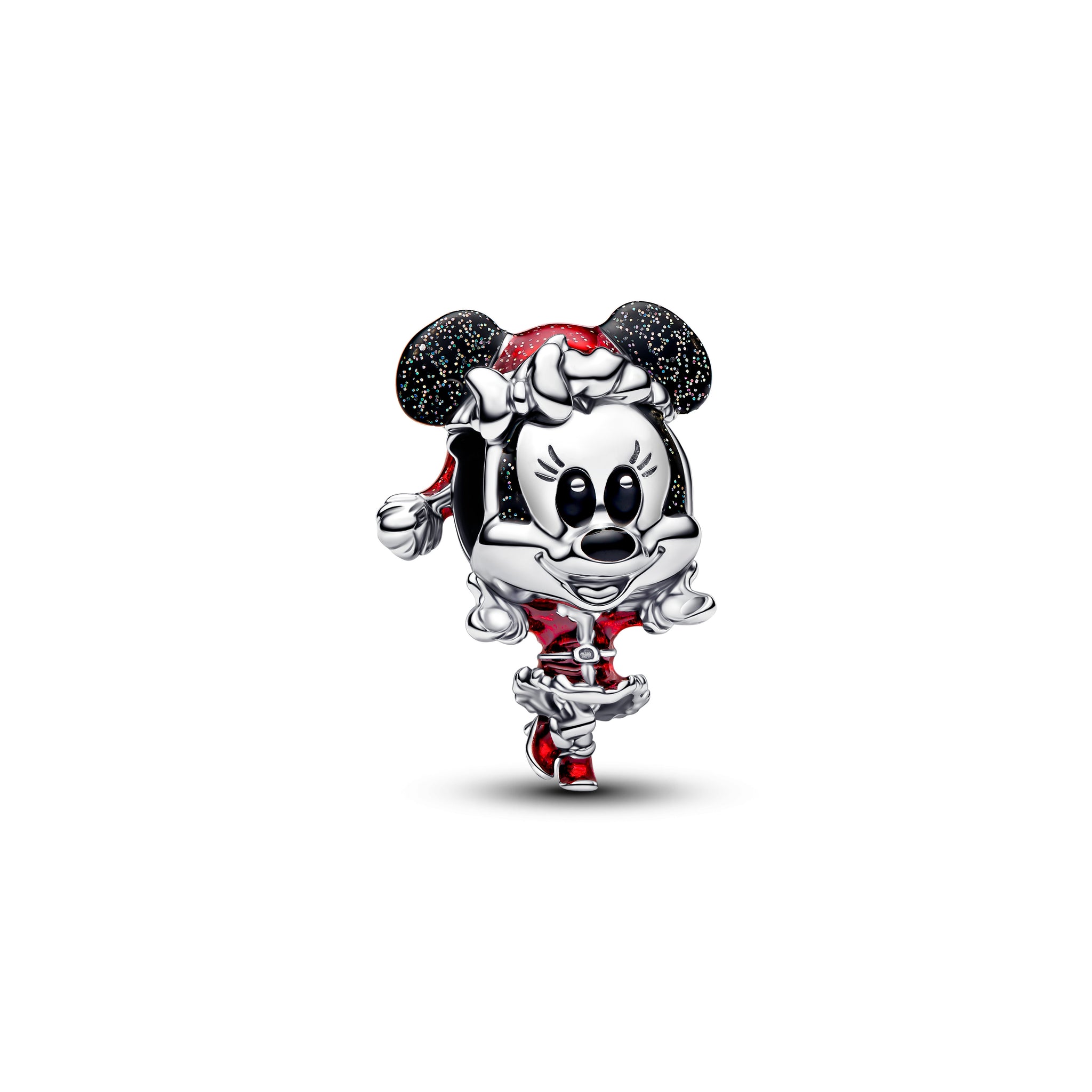 Disney Minnie Mouse Sterling Silver Charm With Glittery Black And Red Enamel