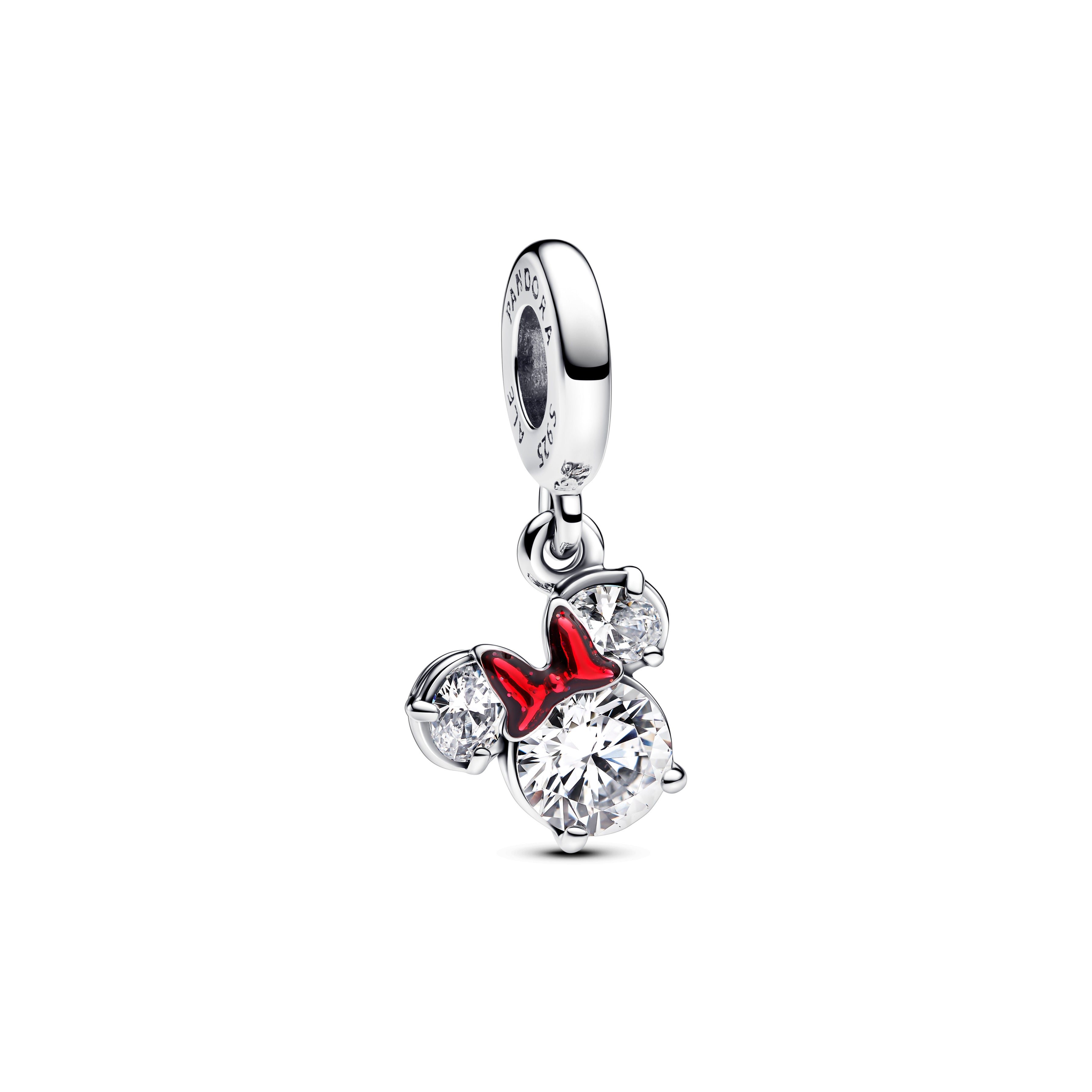 Disney Minnie Mouse Sterling Silver Dangle With Clear Cubic Zirconia And Holo Glittery Red Enamel
