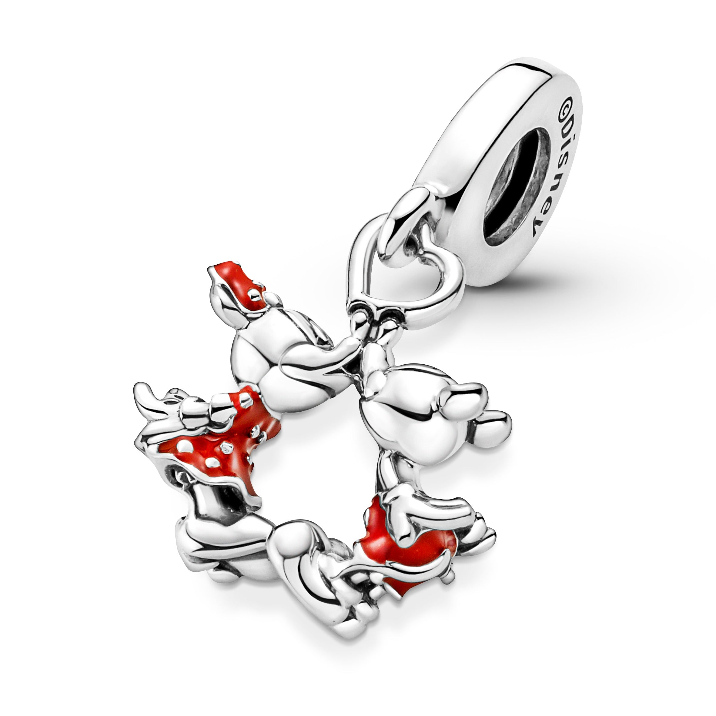 Disney Minnie And Mickey Mouse Kissing Sterling Silver Dangle With Red Enamel