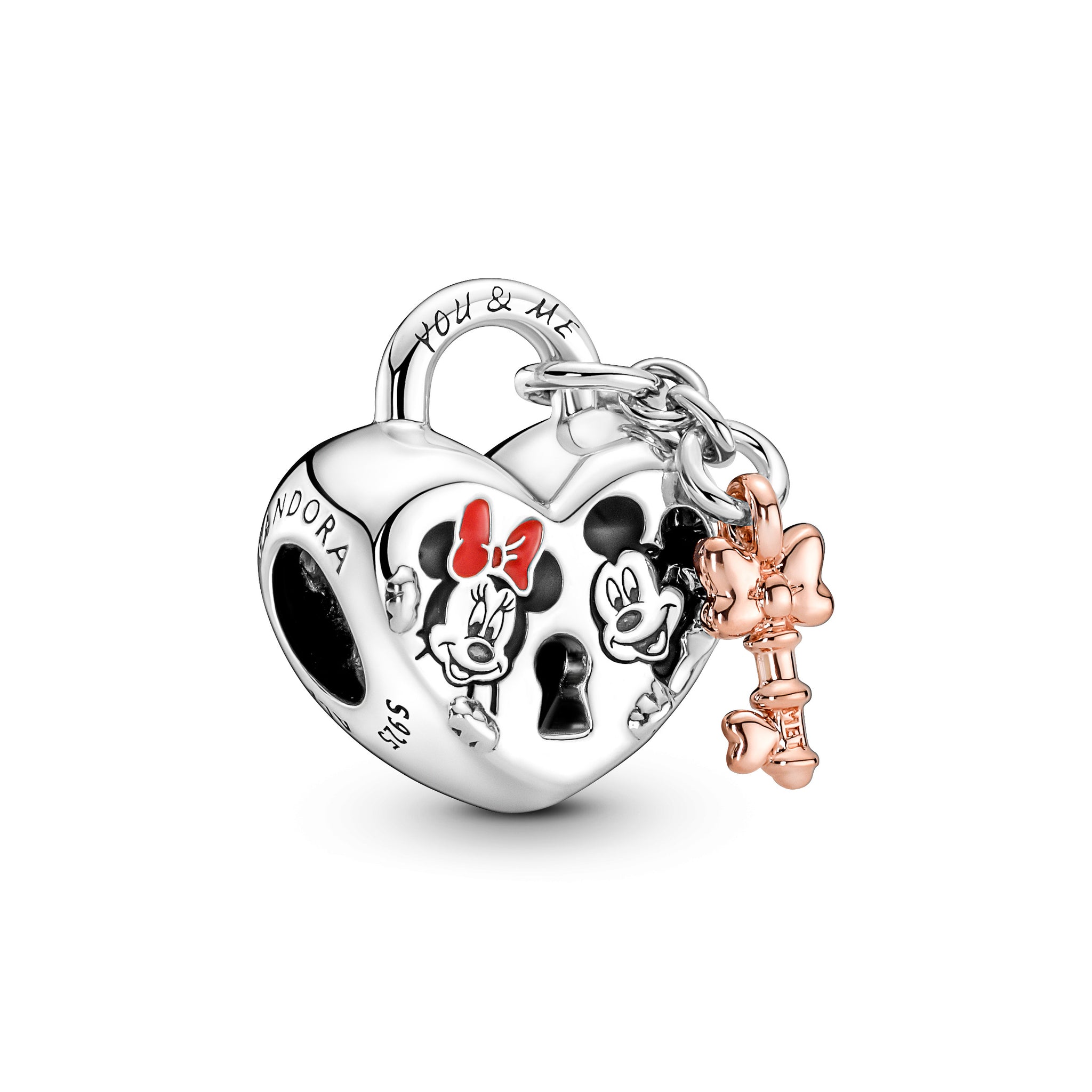 Disney Minnie And Mickey Heart Padlock And Key Sterling Silver And 14K Rose Gold-Plated Charm With Red, White And Black Enamel