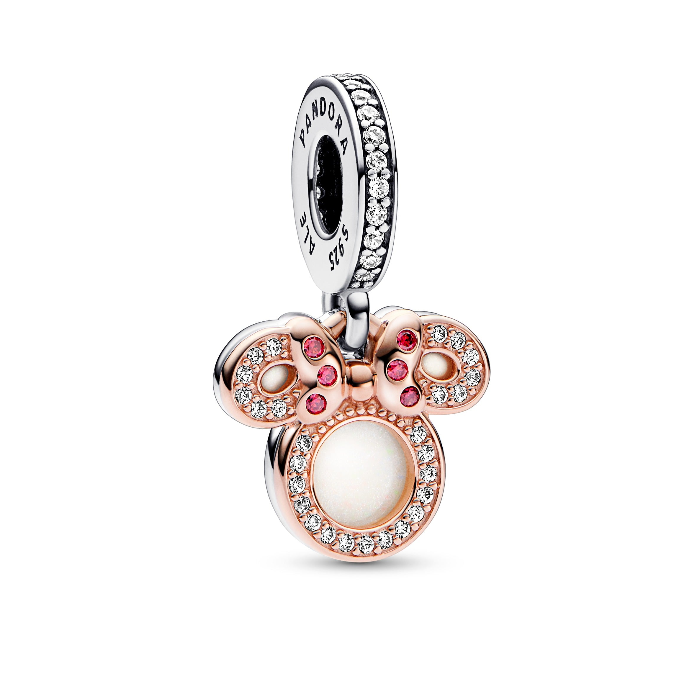 Disney Minnie Sterling Silver And 14K Rose Gold-Plated Double Dangle With Red, Clear Cubic Zirconia And Shimmering White Enamel