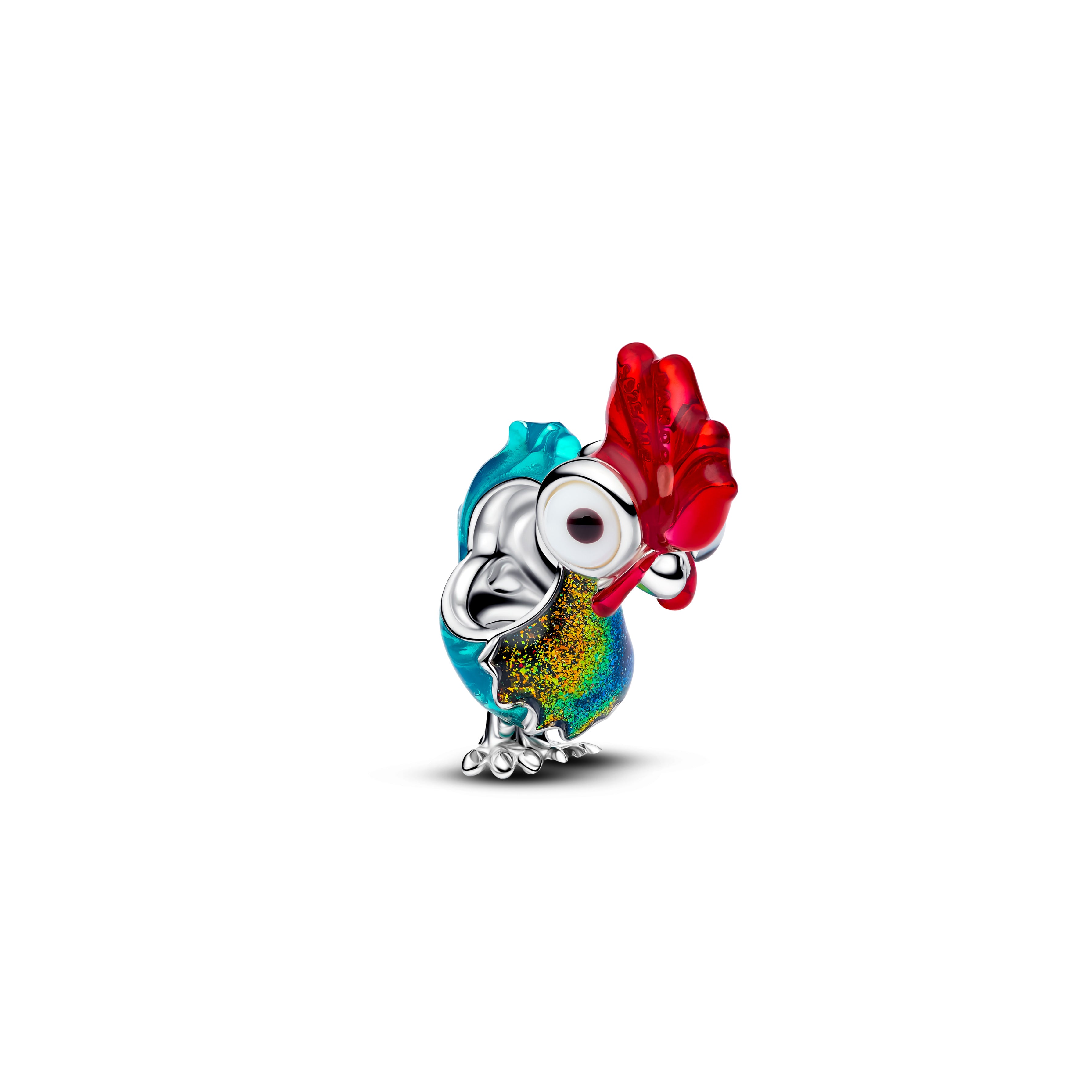 Disney Moana Heihei Sterling Silver Charm With White And Black Murano Glass, Red, Blue And Shimmering Green Enamel