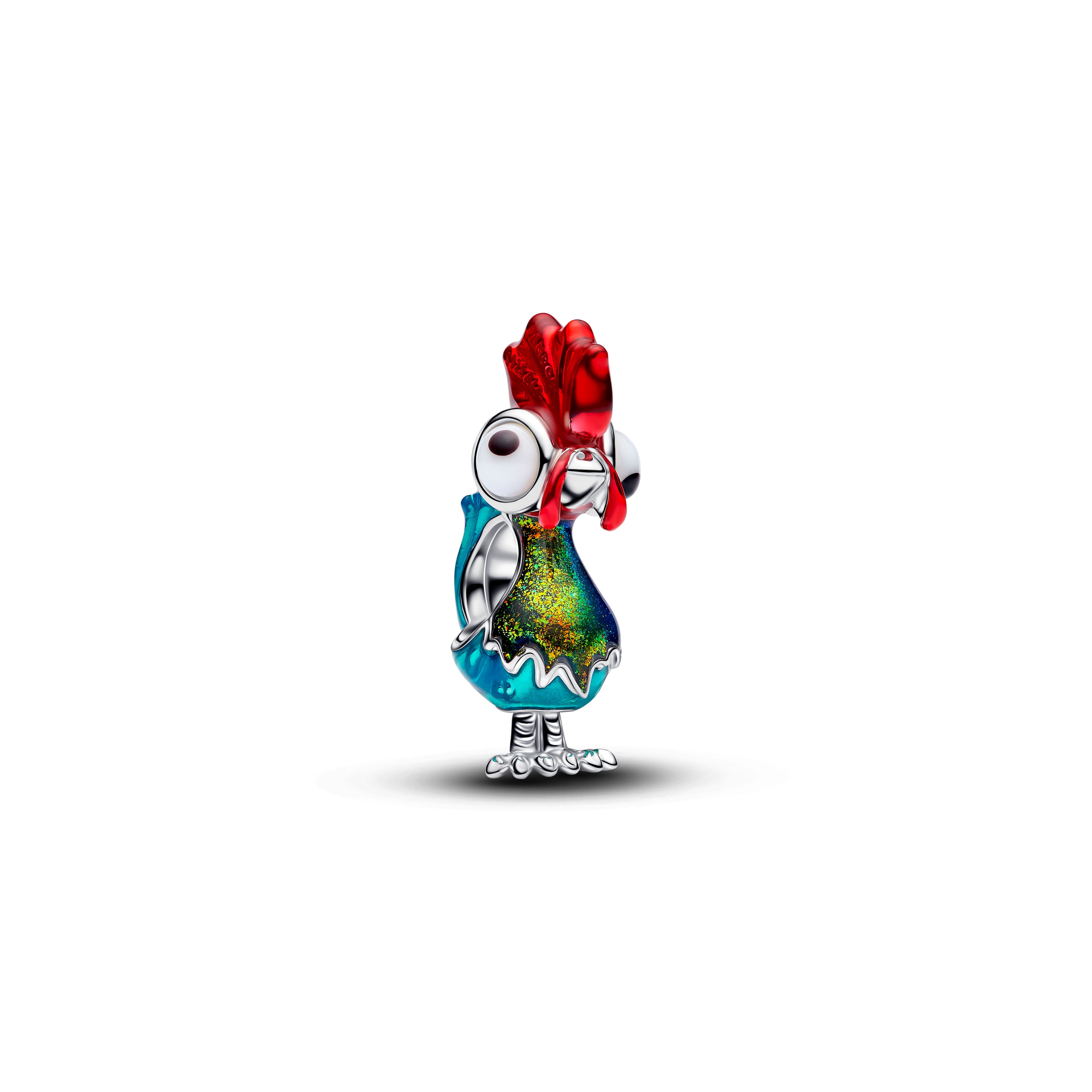 Disney Moana Heihei Sterling Silver Charm With White And Black Murano Glass, Red, Blue And Shimmering Green Enamel