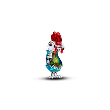 Disney Moana Heihei Sterling Silver Charm With White And Black Murano Glass, Red, Blue And Shimmering Green Enamel